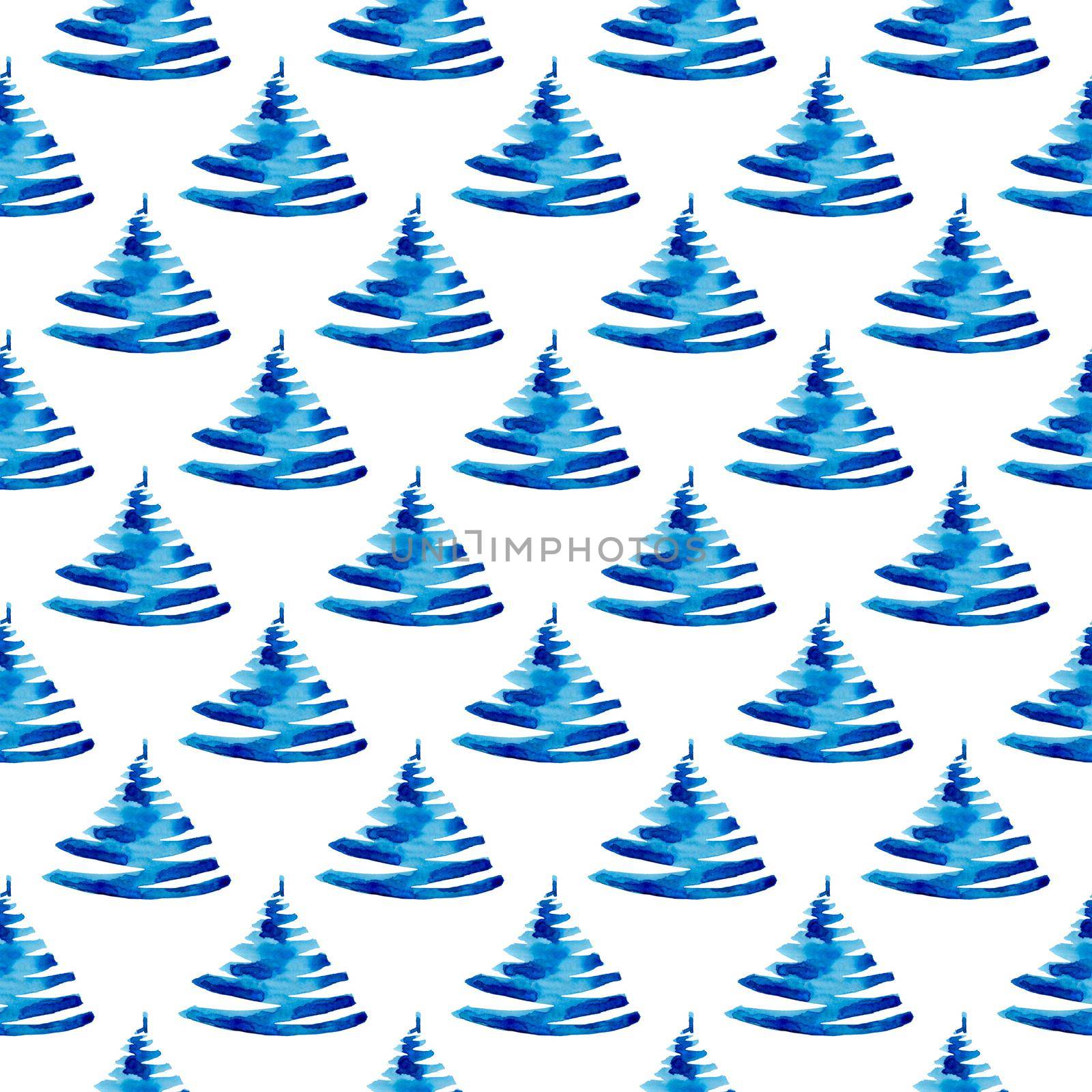 XMAS watercolor Pine Tree Seamless Pattern in Blue Color. Hand Painted fir tree background or wallpaper for Ornament, Wrapping or Christmas Gift.