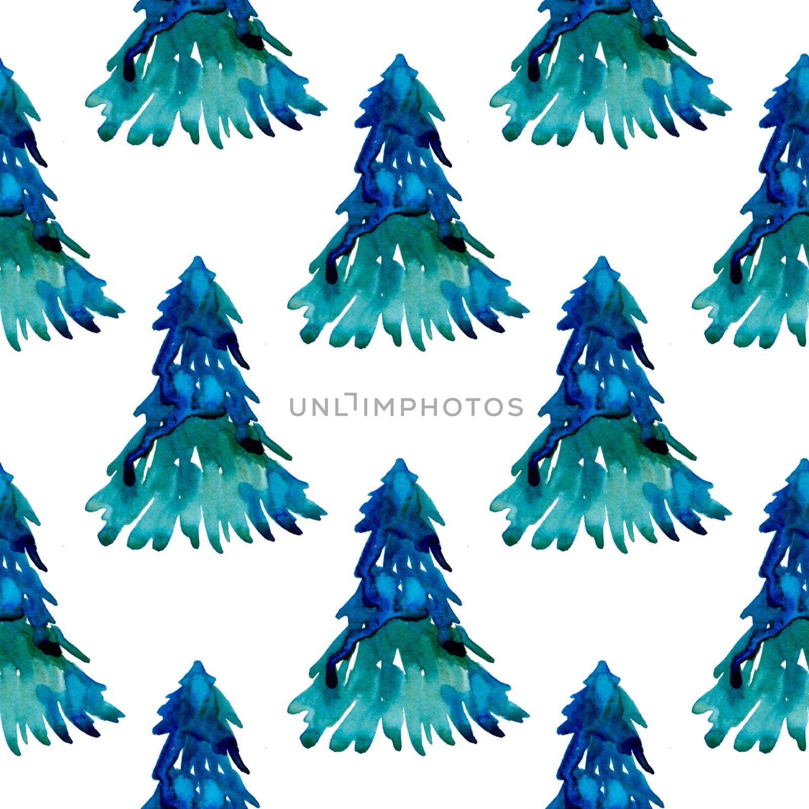 XMAS watercolor Pine Tree Seamless Pattern in Blue Color. Hand Painted fir tree background or wallpaper for Ornament, Wrapping or Christmas Gift.