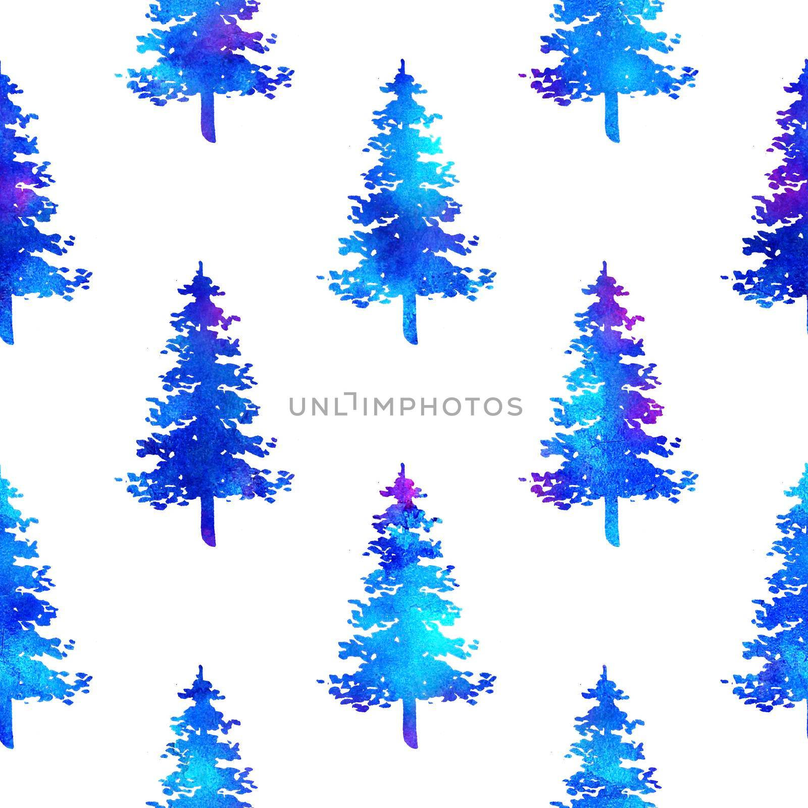 XMAS watercolour Fir Tree Seamless Pattern in Blue Color on white background. Hand-Painted Watercolor Spruce Pine tree wallpaper for Ornament, Wrapping or Christmas Decoration by DesignAB