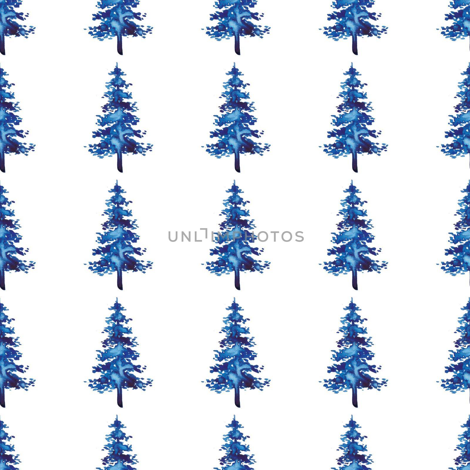 XMAS watercolor Fir Tree Seamless Pattern in Blue Color. Hand Painted Spruce Pine tree background or wallpaper for Ornament, Wrapping or Christmas Decoration.