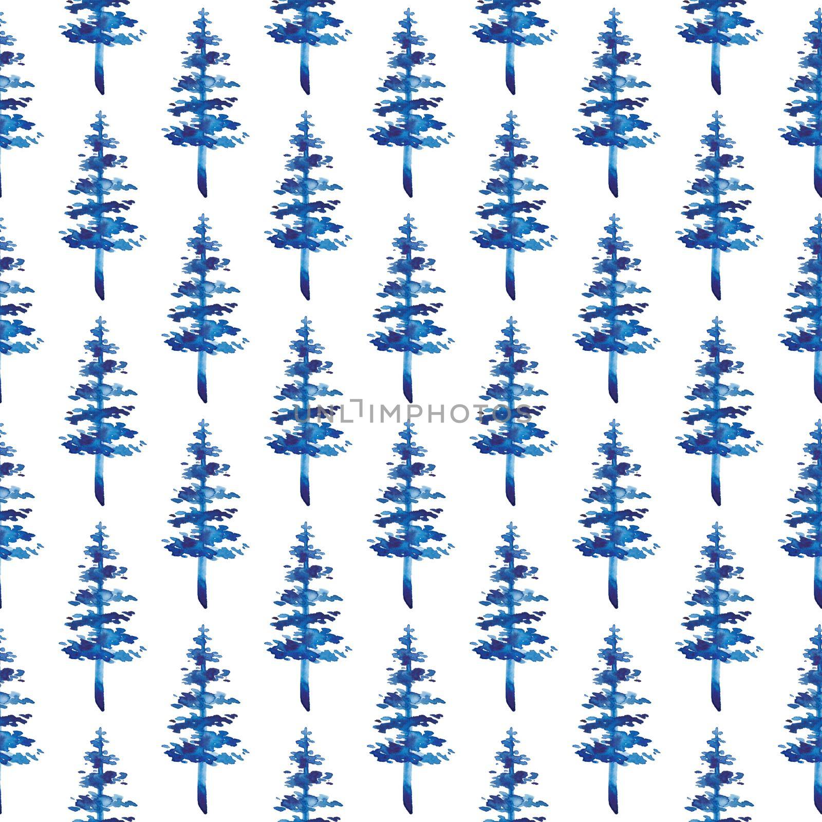 XMAS watercolor Fir Tree Seamless Pattern in Blue Color. Hand Painted Spruce Pine tree background or wallpaper for Ornament, Wrapping or Christmas Decoration.