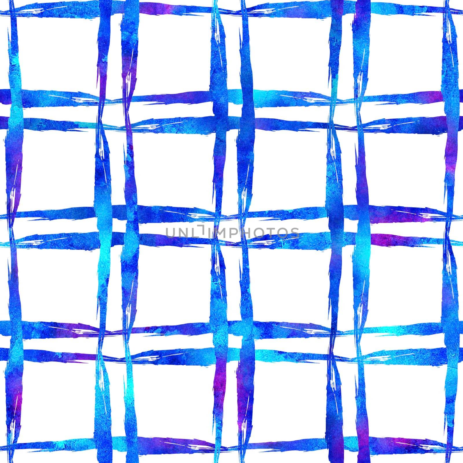 Watercolor Brush Plaid Seamless Pattern Hand Painted Check Grange Geometric Design in Blue Color. Modern Strokes and Stripes.