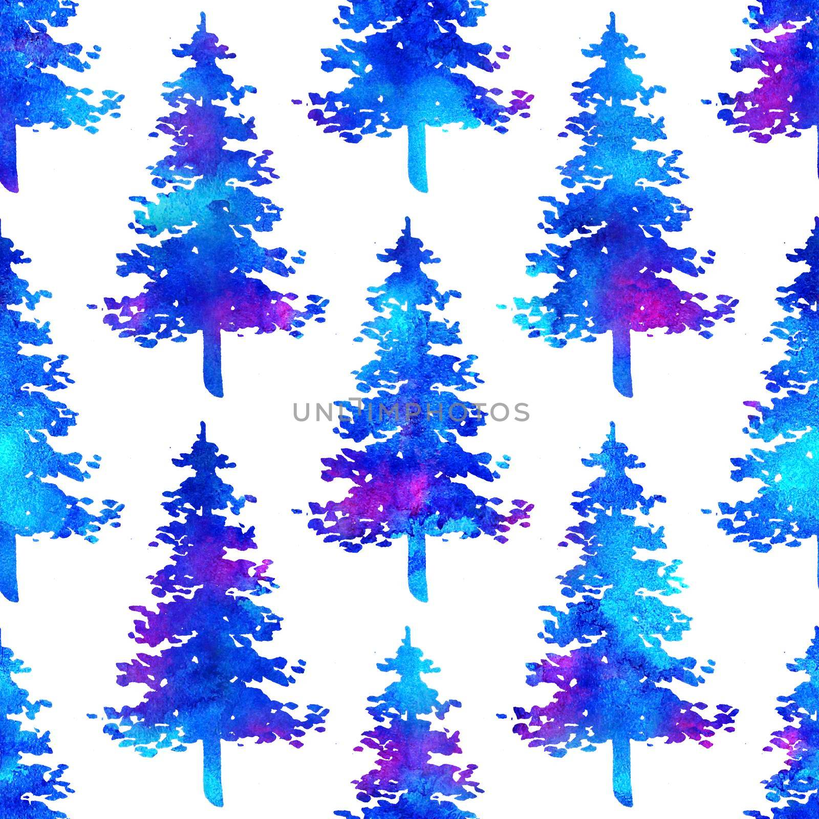 XMAS watercolour Fir Tree Seamless Pattern in Blue Color on white background. Hand-Painted Watercolor Spruce Pine tree wallpaper for Ornament, Wrapping or Christmas Decoration by DesignAB