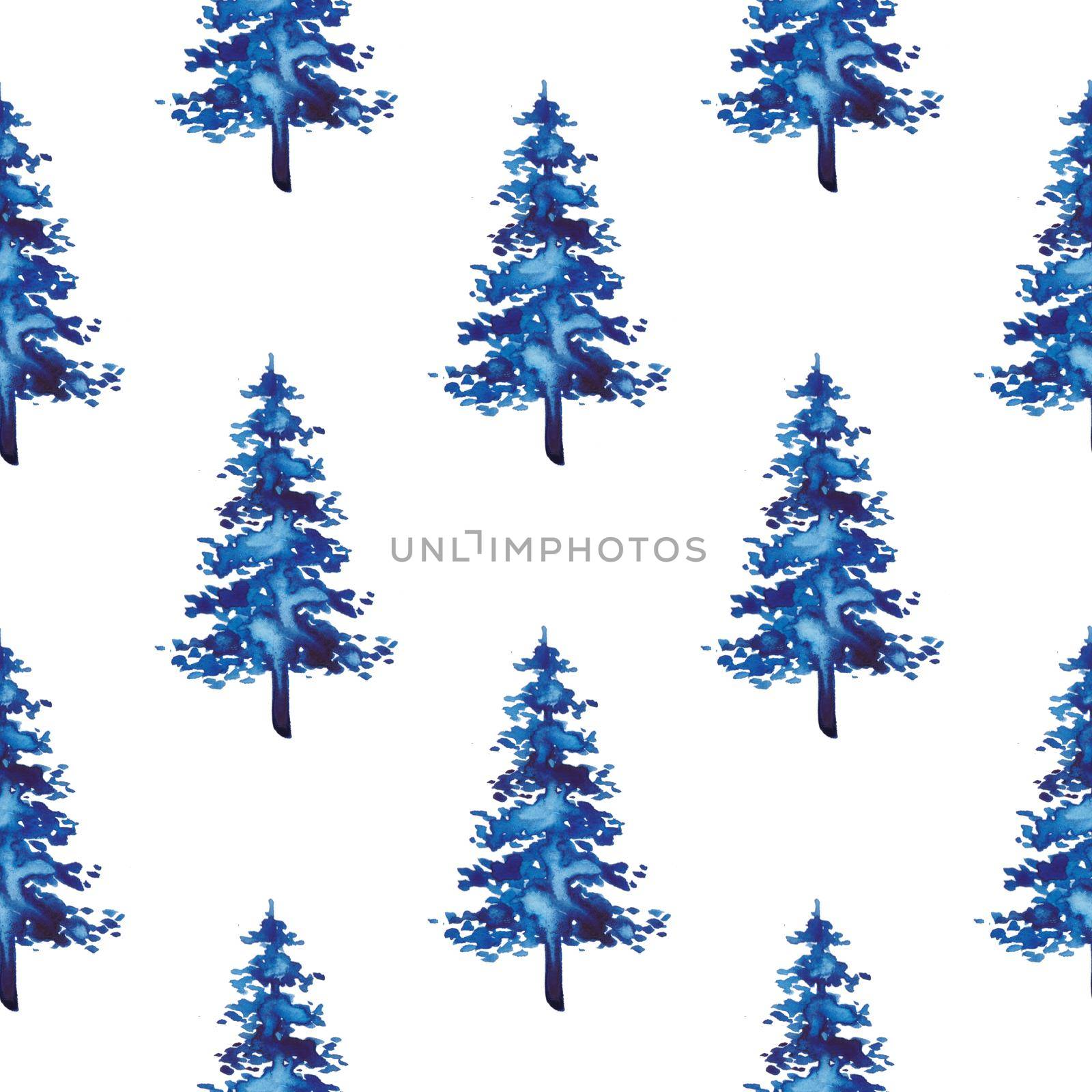 XMAS watercolor Fir Tree Seamless Pattern in Blue Color. Hand Painted Spruce Pine tree background or wallpaper for Ornament, Wrapping or Christmas Decoration.