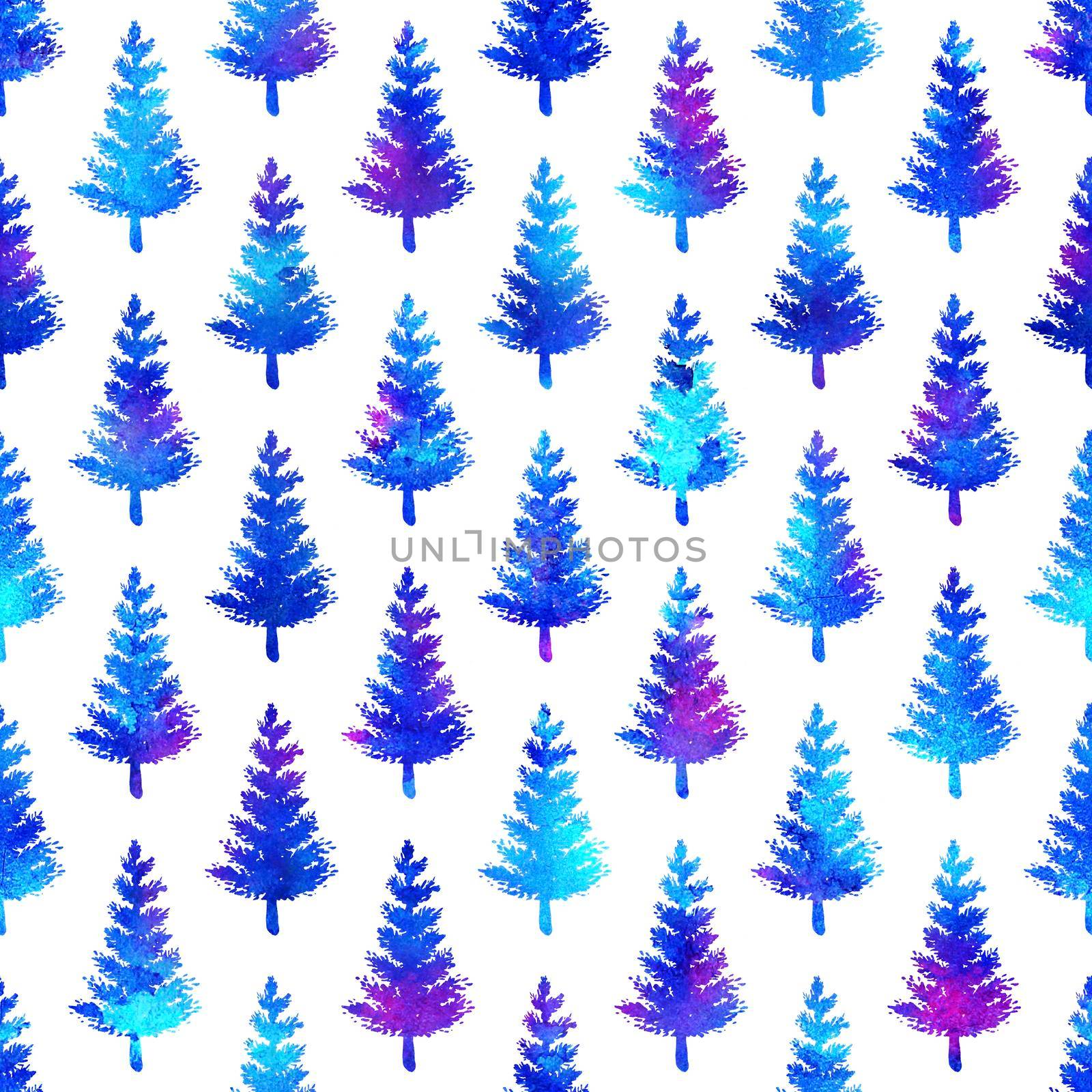 XMAS watercolour Fir Tree Seamless Pattern in Blue Color on white background. Hand-Painted Watercolor Spruce Pine tree wallpaper for Ornament, Wrapping or Christmas Decoration by DesignAB