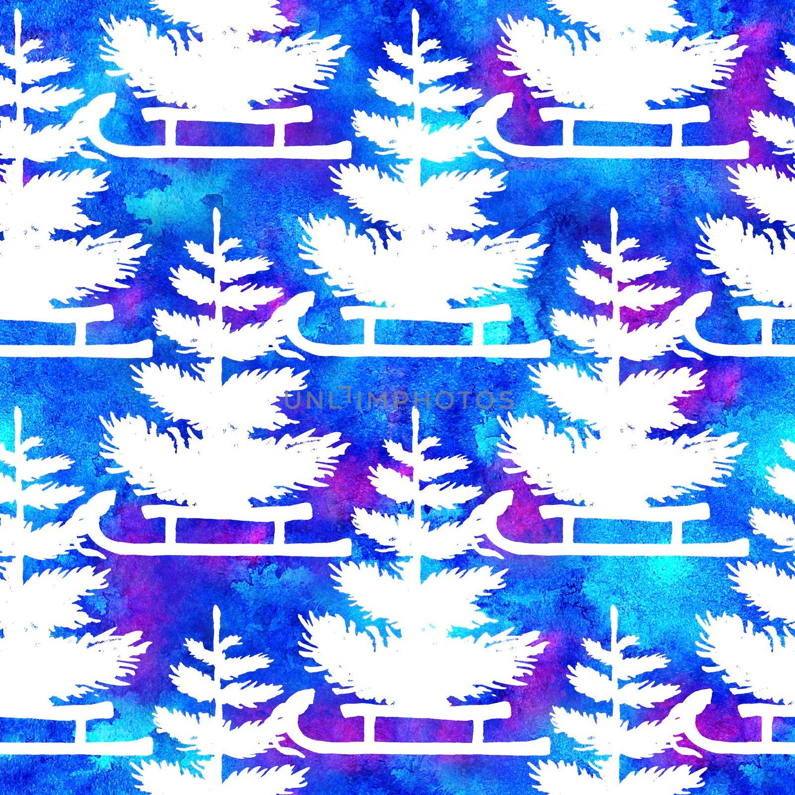 XMAS watercolor Pine Tree and Sleigh Seamless Pattern in Blue Color. Hand Painted fir tree background or wallpaper for Ornament, Wrapping or Christmas Gift by DesignAB