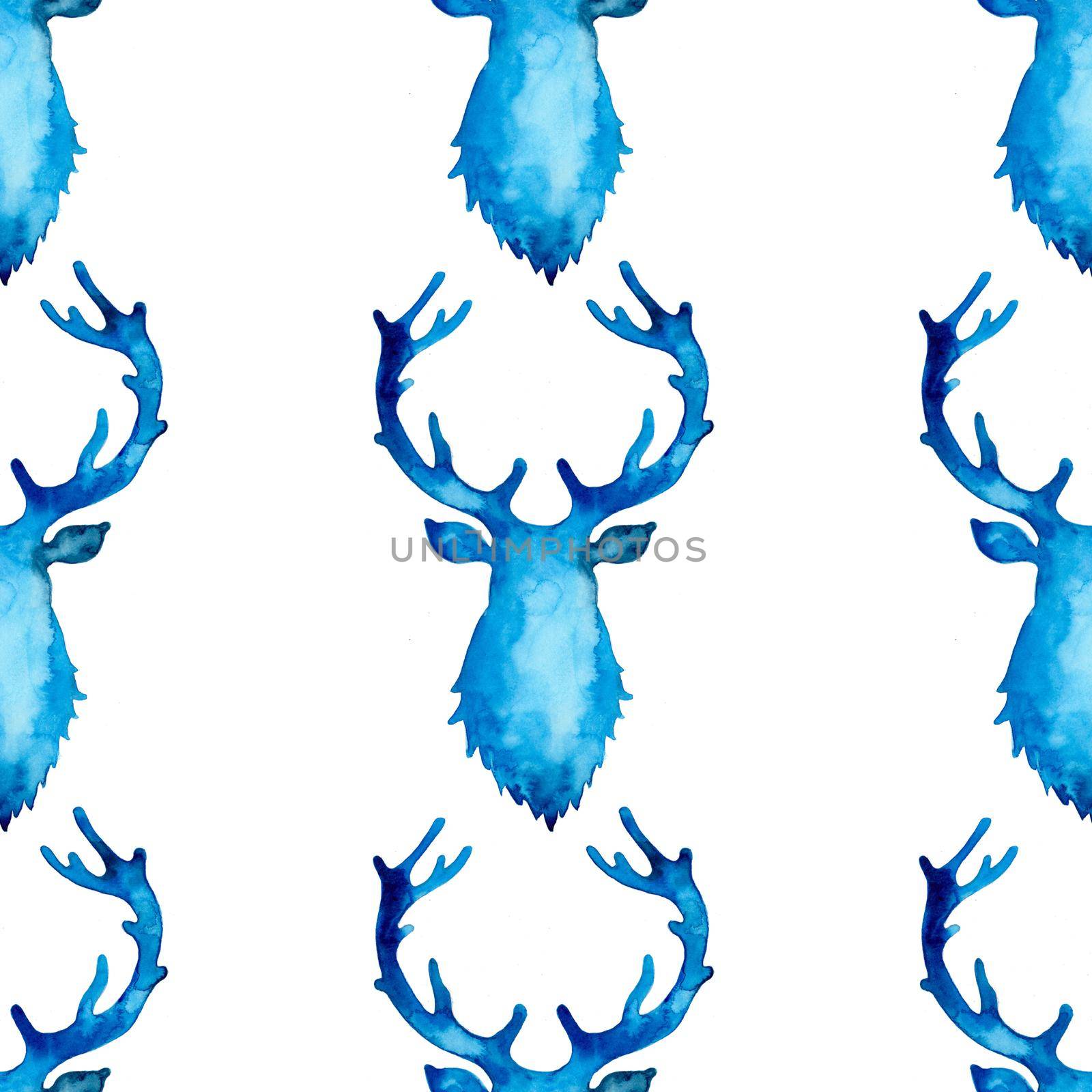 Reindeer XMAS watercolor Deer Stag eamless Pattern in Blue Color. Hand Painted Animal Moose background or wallpaper for Ornament, Wrapping or Christmas Gift.