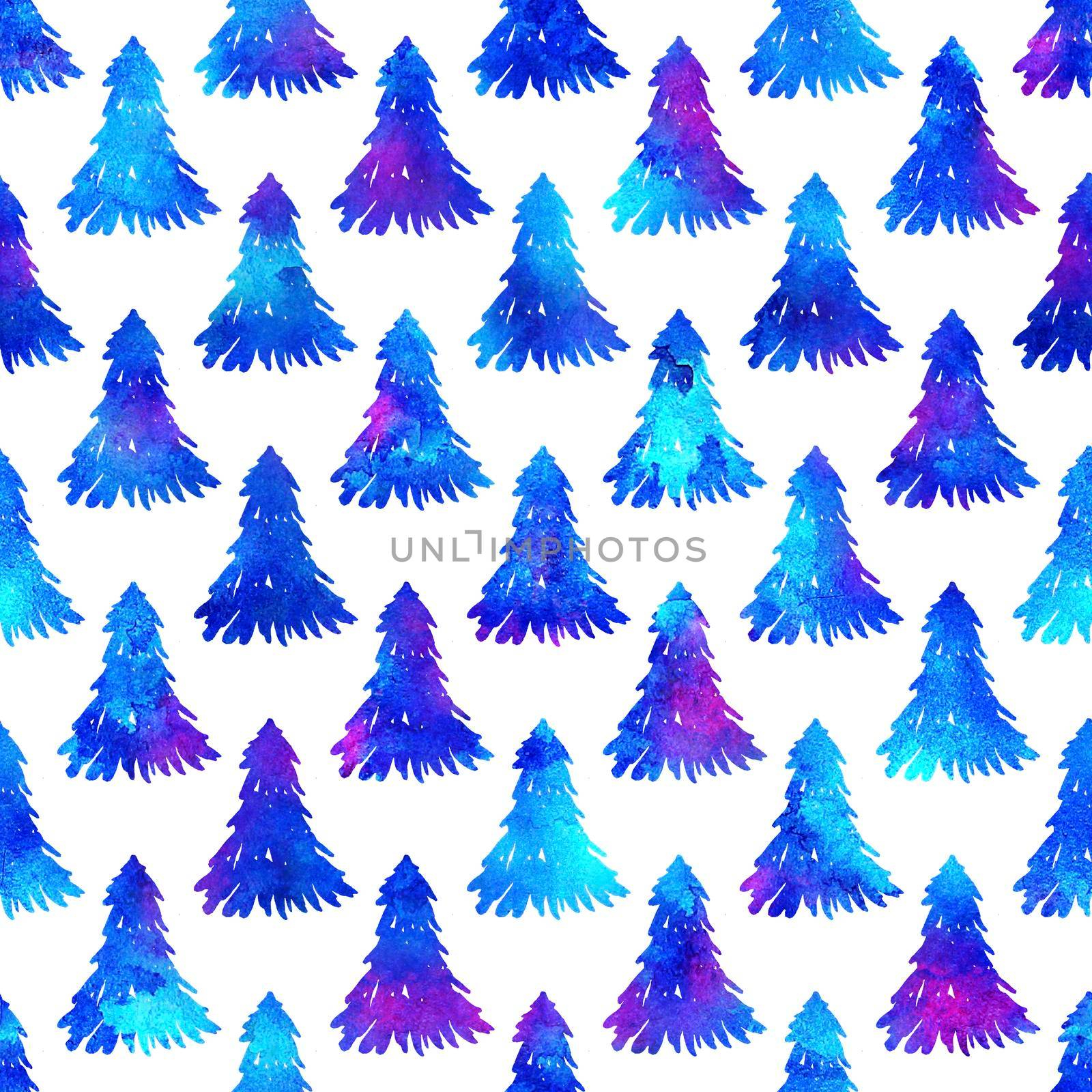 XMAS watercolour Fir Tree Seamless Pattern in Blue Color on white background. Hand-Painted Watercolor Spruce Pine tree wallpaper for Ornament, Wrapping or Christmas Decoration.