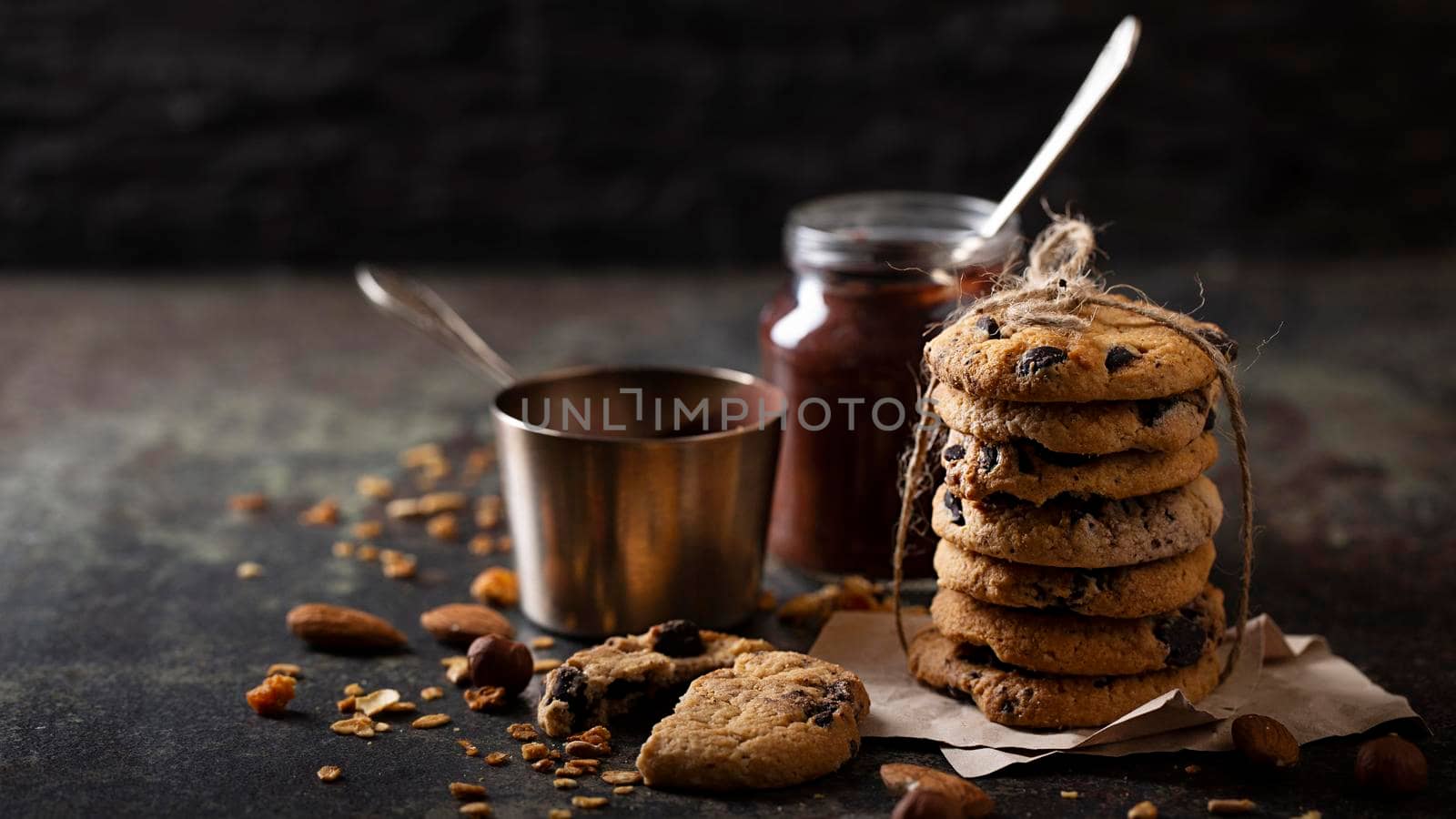 chocolate cookies arrangement with copy space. High resolution photo