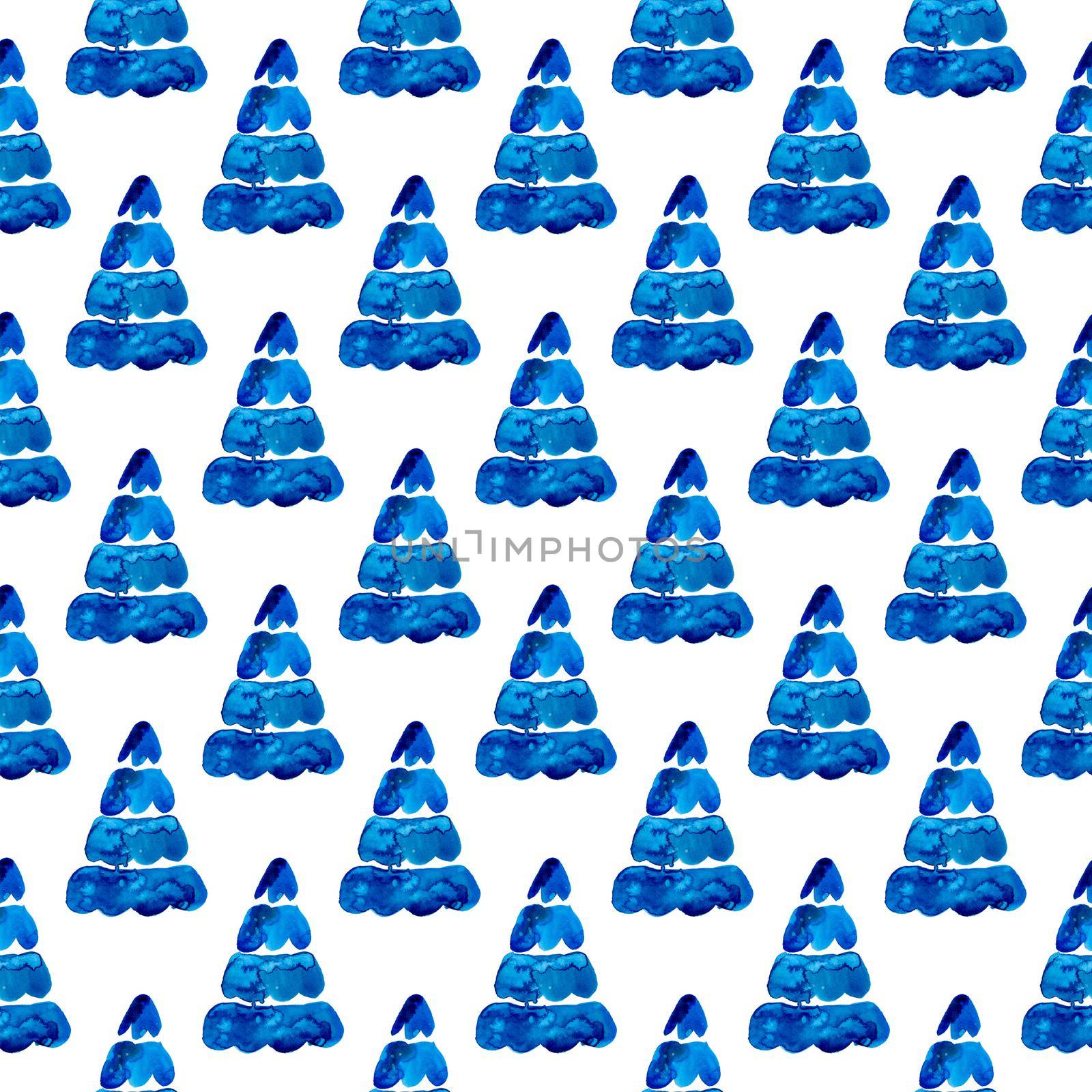 XMAS watercolor Pine Tree Seamless Pattern in Blue Color. Hand Painted fir tree background or wallpaper for Ornament, Wrapping or Christmas Gift.