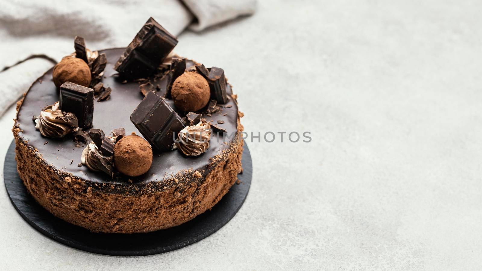 high angle sweet chocolate cake with copy space. Beautiful photo