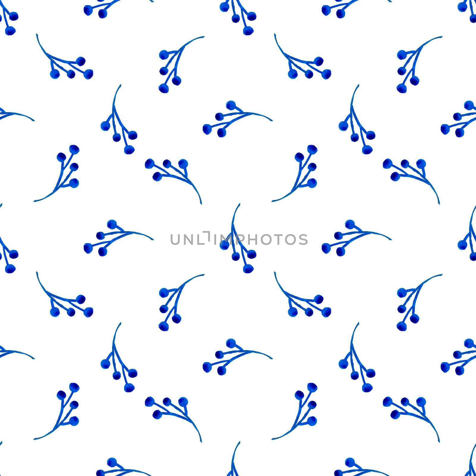 XMAS watercolor Branch Berry Seamless Pattern in Blue Color. Hand Painted background or wallpaper for Ornament, Wrapping or Christmas Gift.