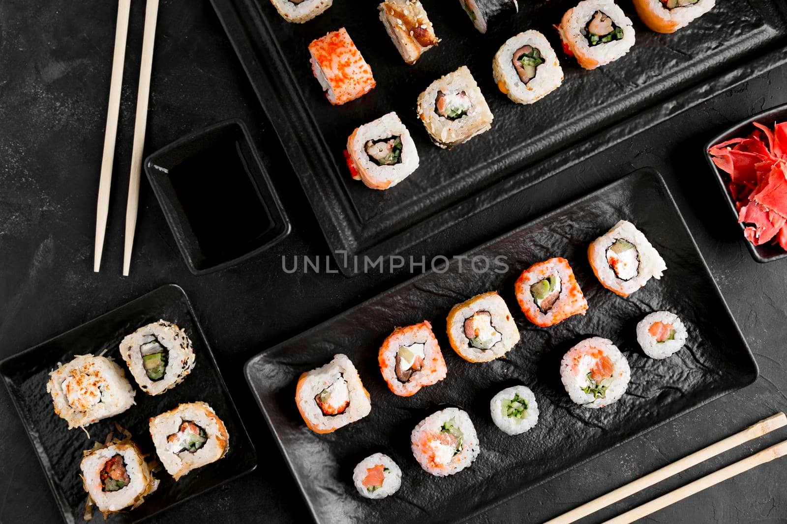 flat lay delicious sushi by Zahard