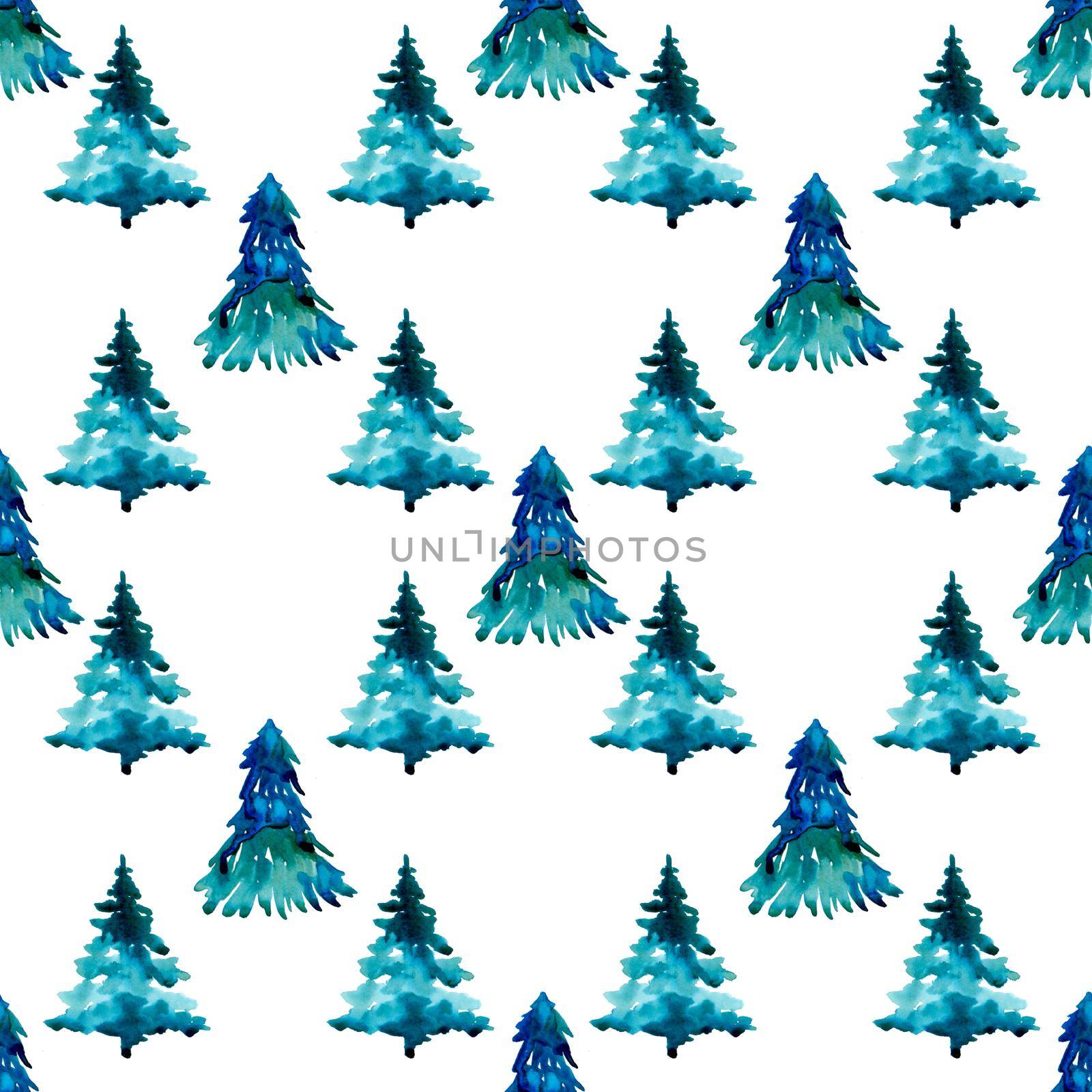 XMAS watercolor Pine Tree Seamless Pattern in Blue Color. Hand Painted fir tree background or wallpaper for Ornament, Wrapping or Christmas Gift.