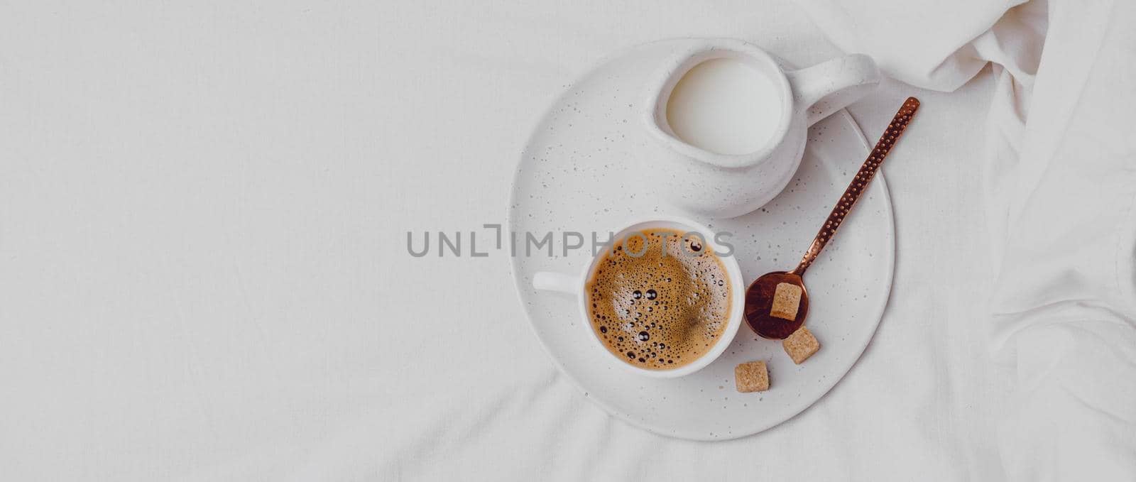 top view morning coffee with sugar cubes copy space by Zahard