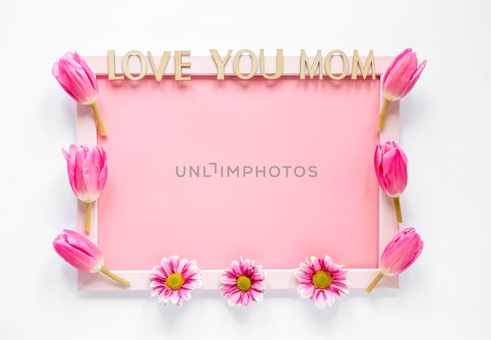 top view frame decorated with tulips. Beautiful photo