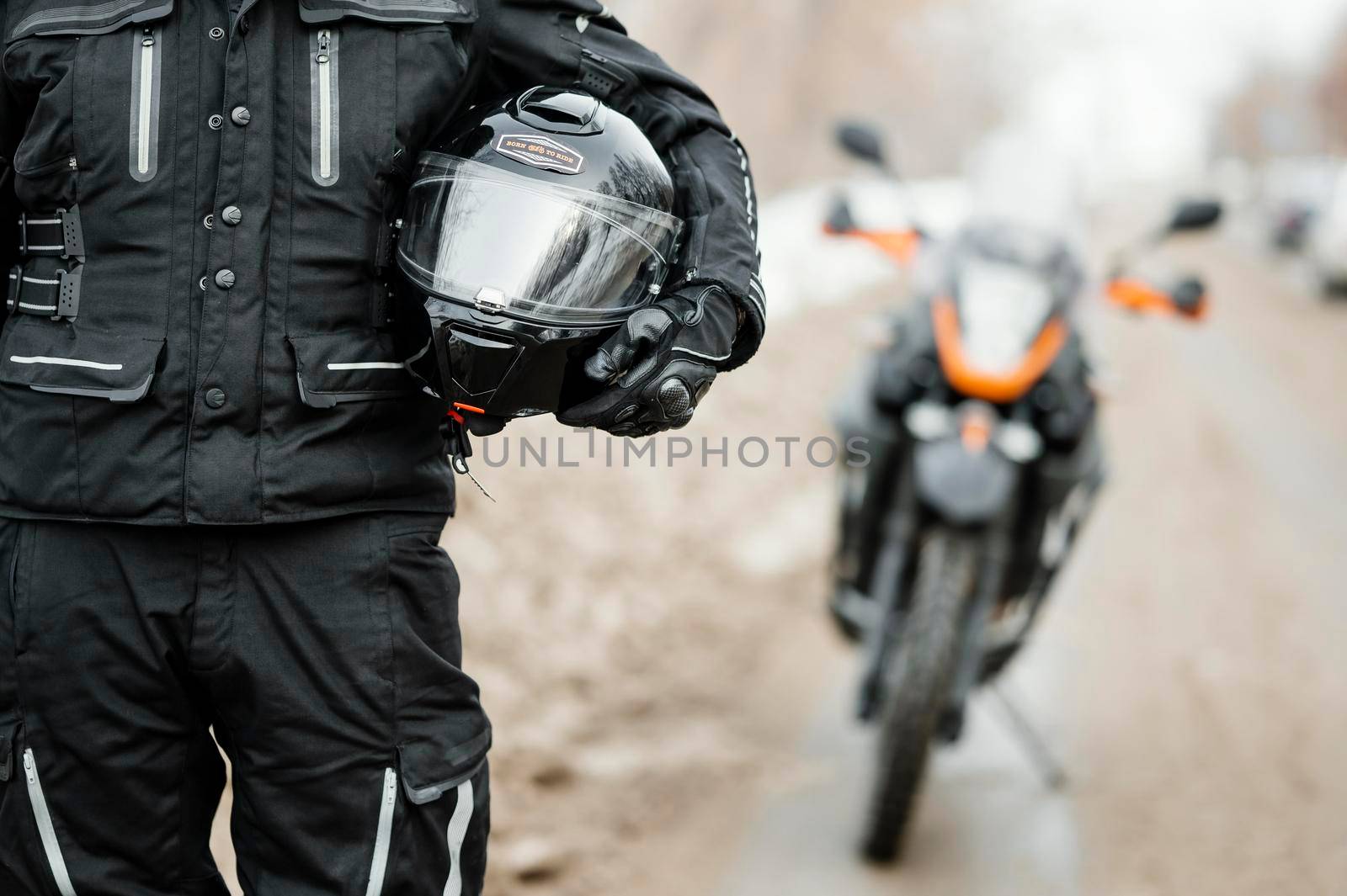 men riding motorcycle winter day. Beautiful photo