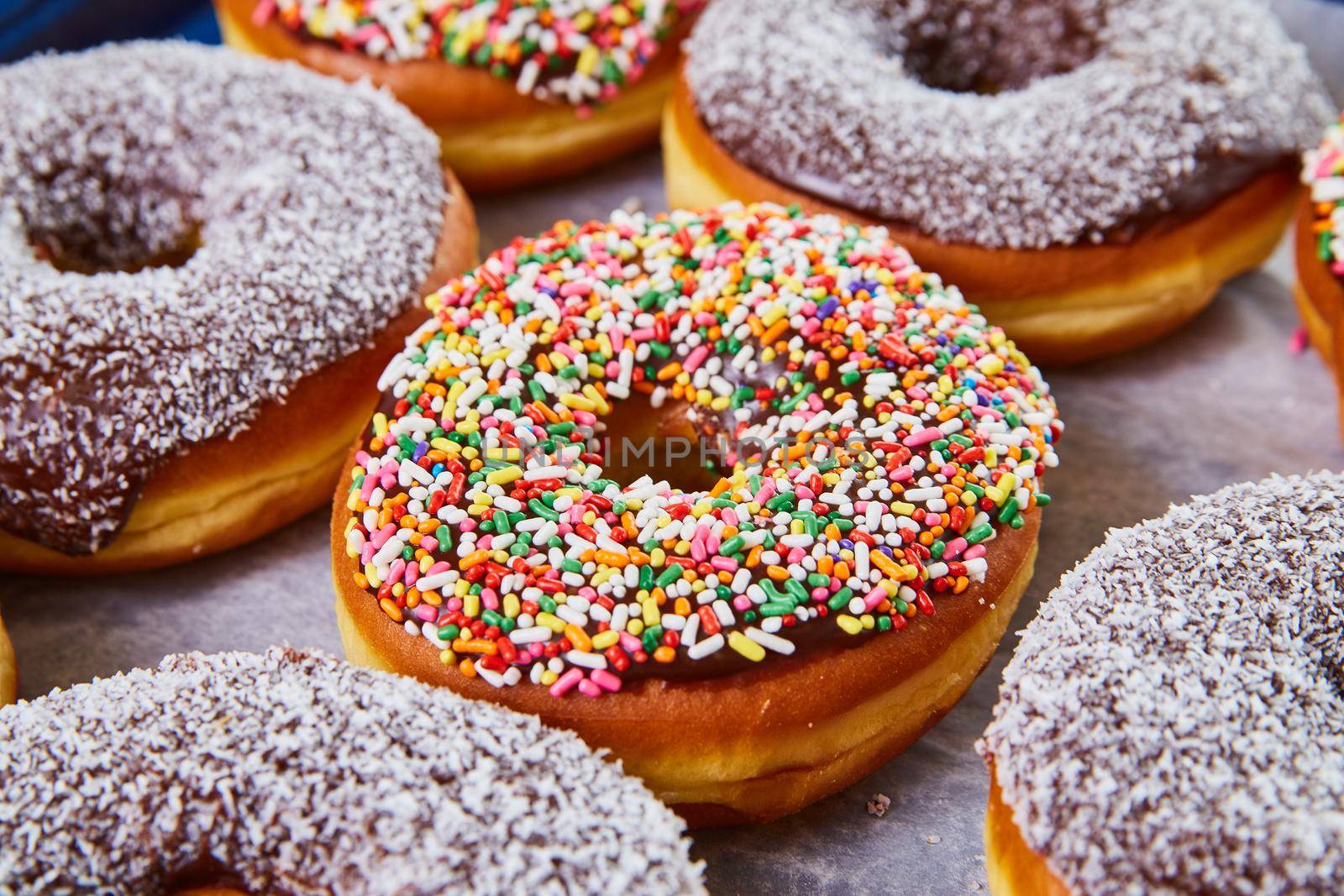 Image of Yummy yeast donut tray with chocolate and sprinkles or coconut