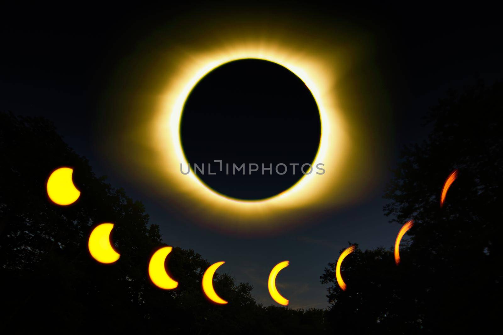 Image of Total eclipse of the sun by the moon and all phases of the solar eclipse in yellow
