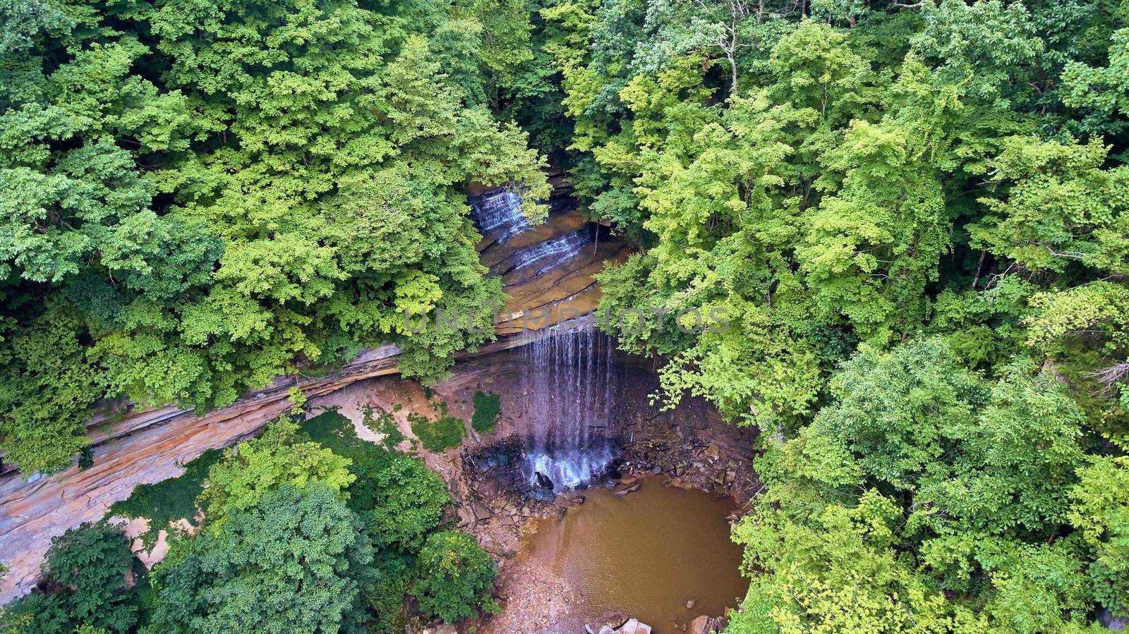 Image of Woods with cliffs and large waterfall pouring into brown river