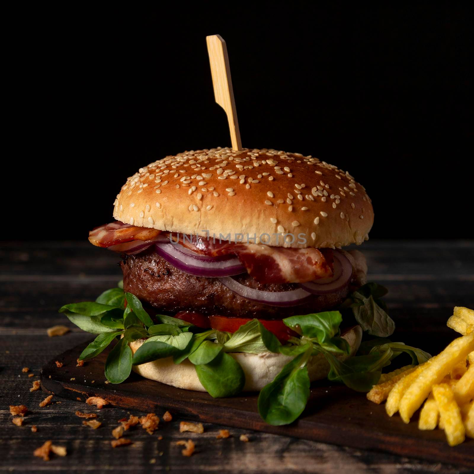 high angle burger with fries table. Beautiful photo