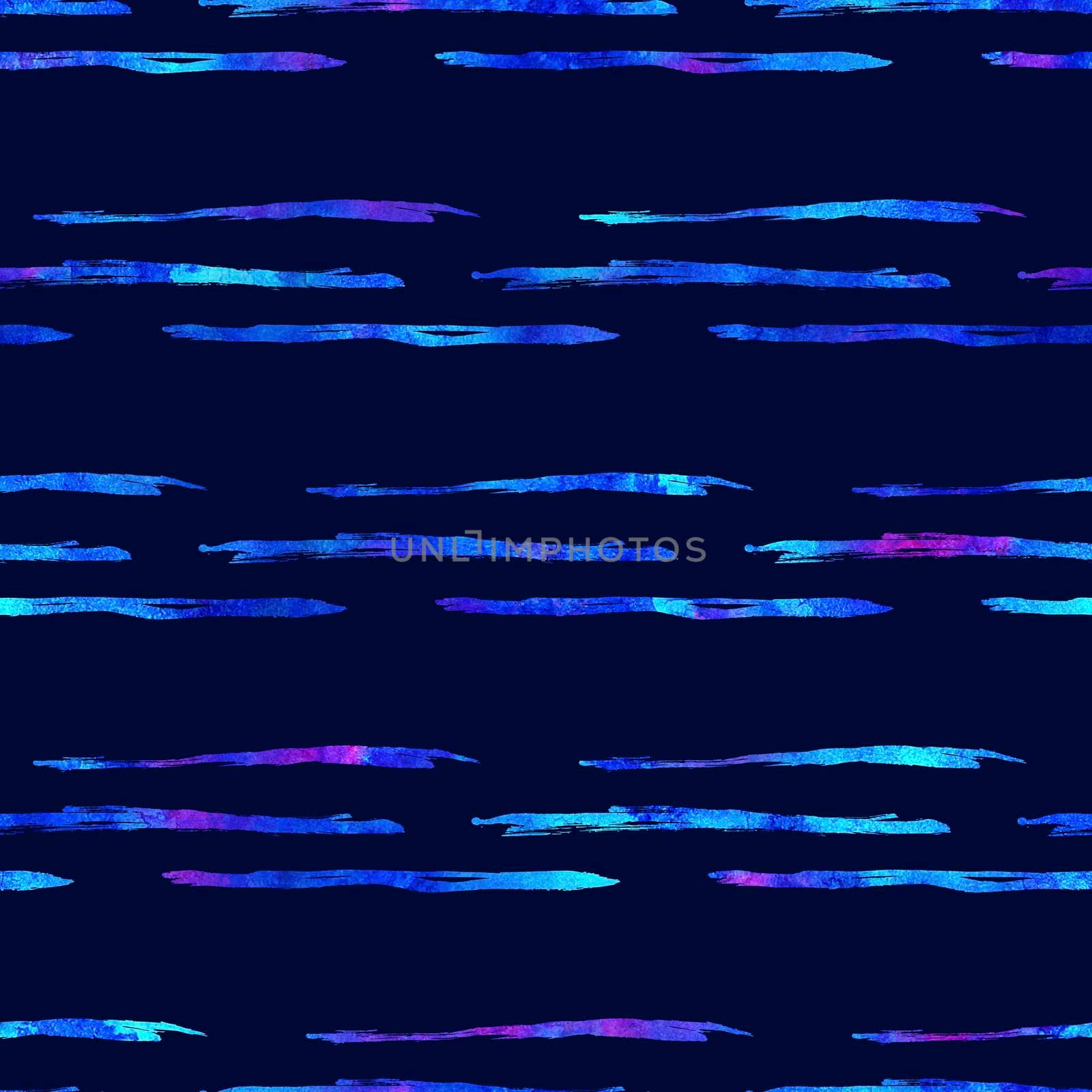 Watercolor Brush Stripes Seamless Pattern Hand Painted Grange Geometric Design in Blue Color. Modern Strokes Grung Collage on Dark Blue Background.