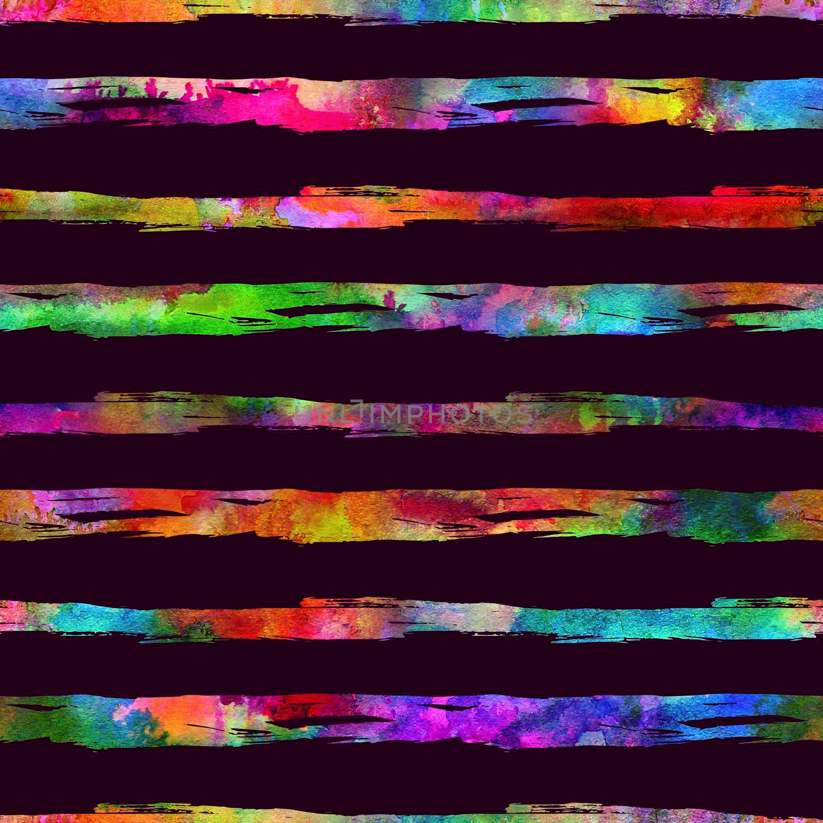 Watercolour Brush Stripes Seamless Pattern Grange Geometric Design in Rainbow Color. Watercolor Modern Strokes Grung Collage on Dark Violet Background.