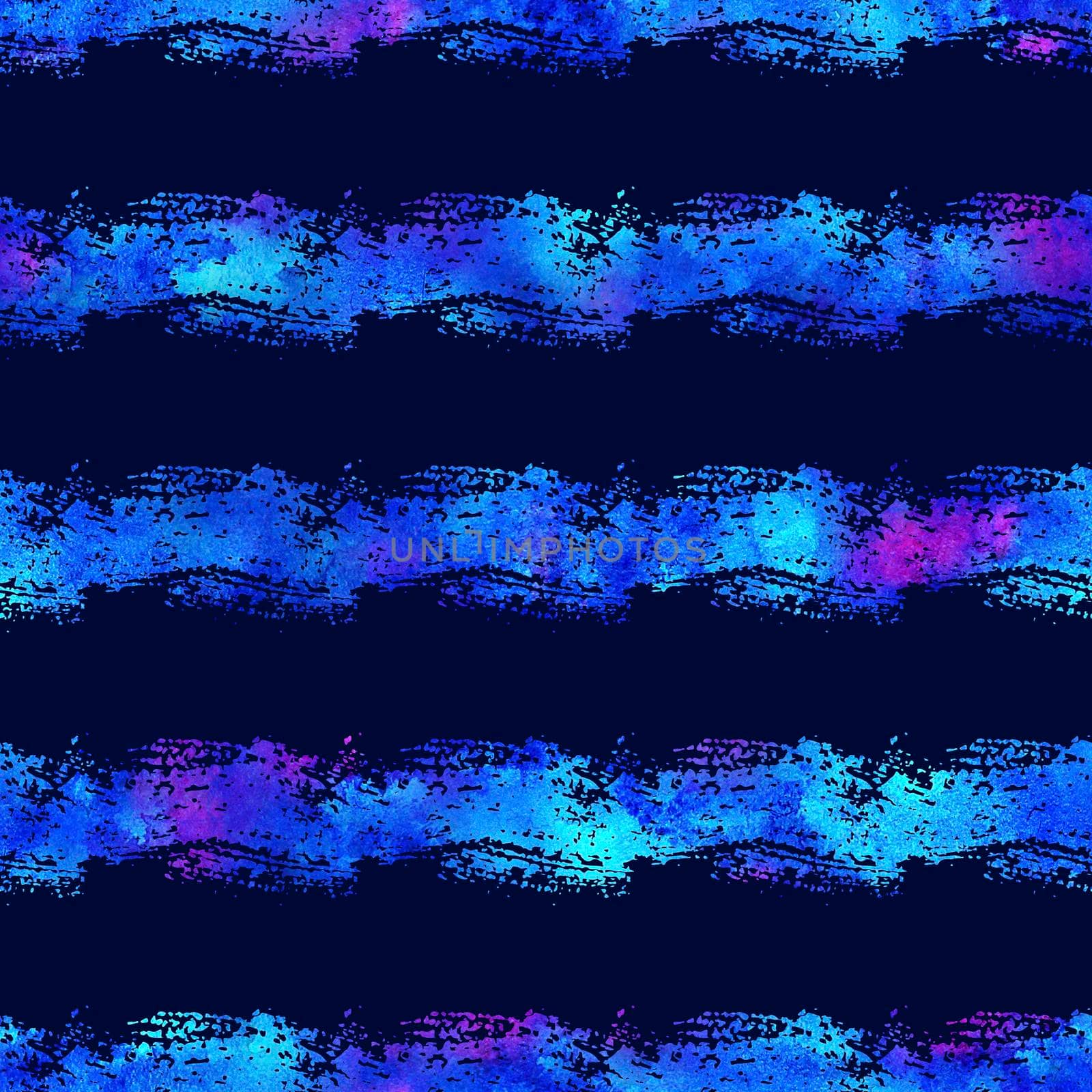 Watercolor Brush Stripes Seamless Pattern Hand Painted Grange Geometric Design in Blue Color. Modern Strokes Grung Collage on Dark Blue Background.