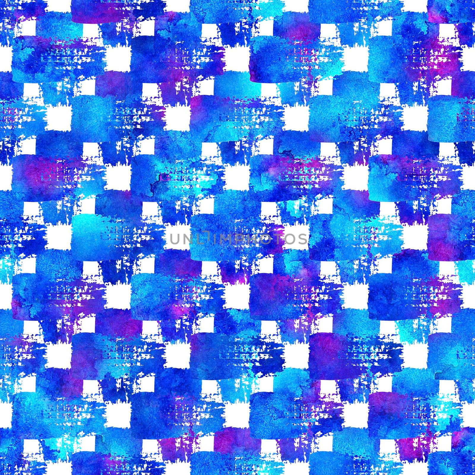 Watercolor Brush Plaid Seamless Pattern Hand Painted Check Grange Geometric Design in Blue Color. Modern Strokes and Stripes by DesignAB