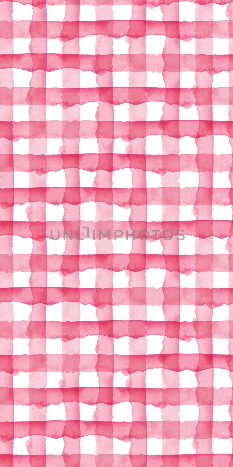 Watercolor Check Geometric Seamless Pattern Background. Plaid in Pink Girly Color. Hand Painted Simple Design with Stripes. by DesignAB