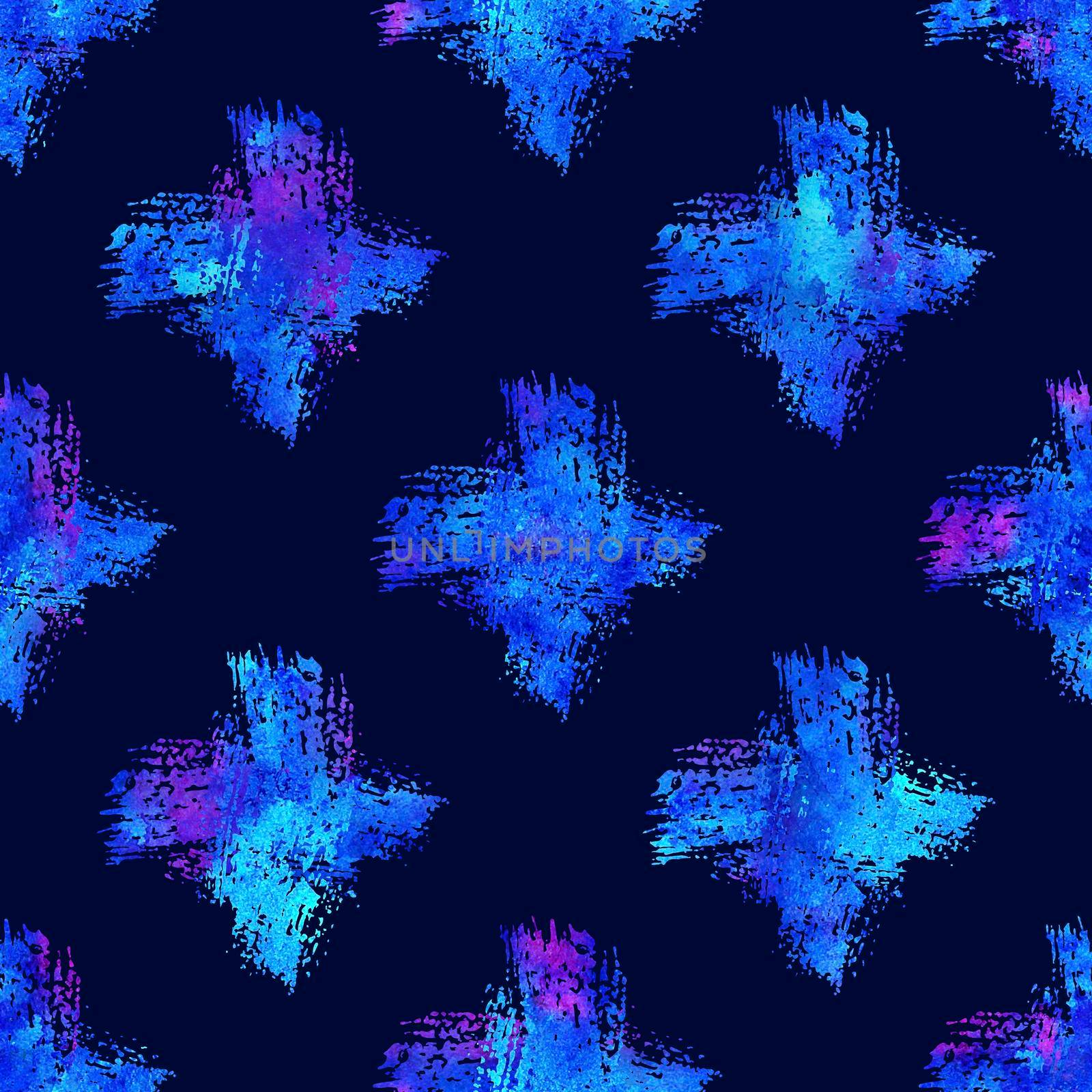 Watercolor Brush Cross Seamless Pattern Grange Geometric Design in Blue Color. Modern Grung Collage on Dark Blue BackgroundBackground.