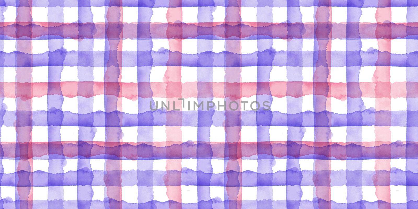 Watercolor Pink Violet Check Seamless Pattern. Simple Plaid Fabric Background. Hand Painted Simple Design with Stripes