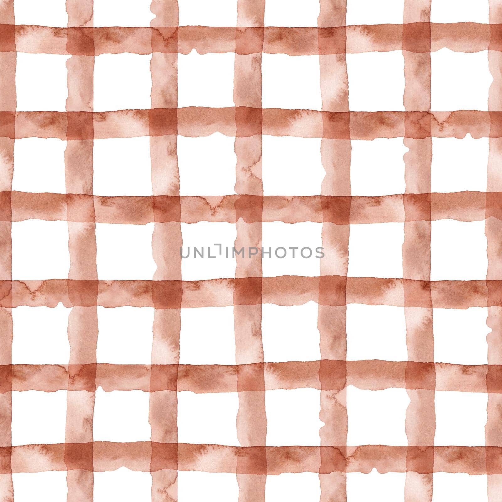 Brown Plaid Abstract Watercolor Geometric Background. Seamless Pattern with Stripes and Check. Handmade Texture for Fabric Design and Paper Wallpaper. by DesignAB