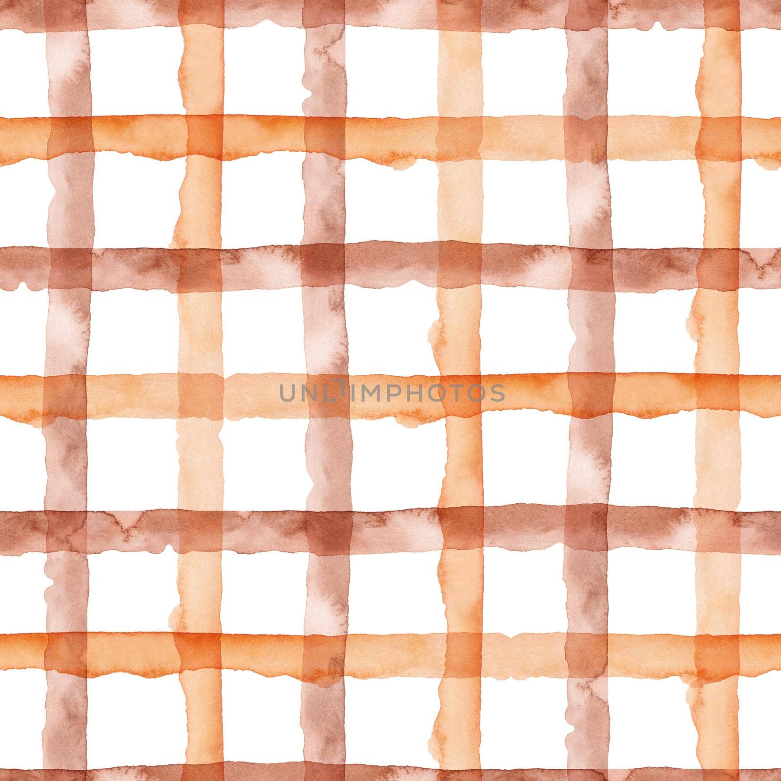 Check Orange Brown Abstract WatercolorSeamless Pattern with Stripes. Plaid Geometric Background. Handmade Texture for Fabric and Wallpaper. by DesignAB