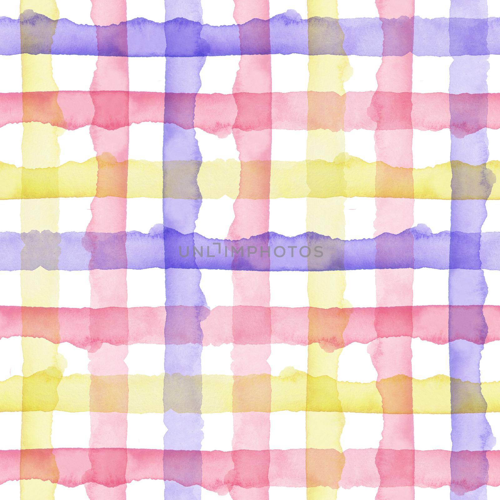 Plaid Watercolor Abstract Yellow Pink Blue Stripes Background. Cool Seamless Check Pattern for Fabric Textile and Paper. Simple Hand Painted Stripe.