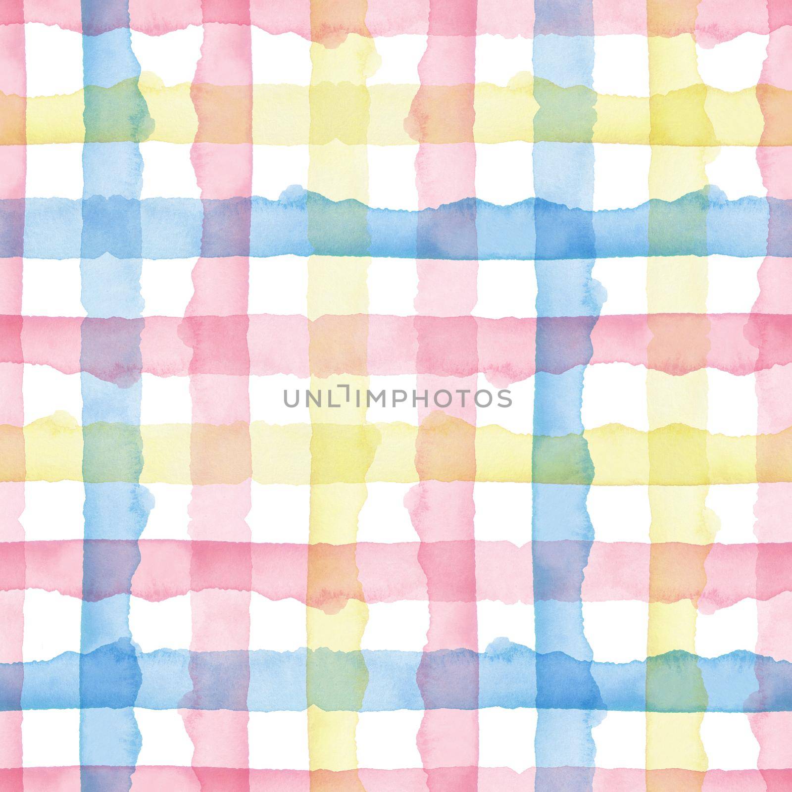 Plaid Watercolor Abstract Yellow Pink Blue Stripes Background. Cool Seamless Check Pattern for Fabric Textile and Paper. Simple Hand Painted Stripe.