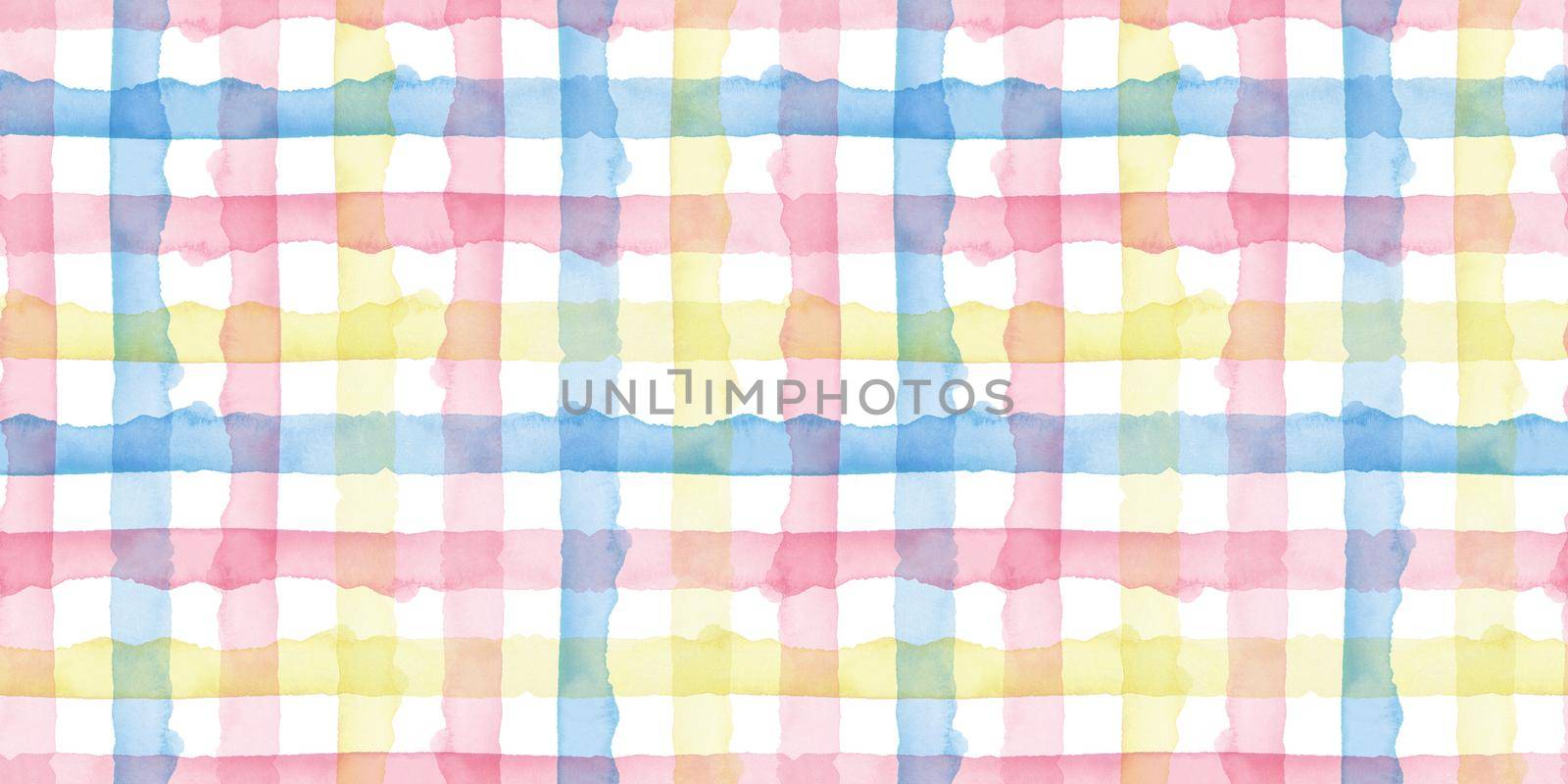 Plaid Watercolor Abstract Yellow Pink Blue Stripes Background. Cool Seamless Check Pattern for Fabric Textile and Paper. Simple Hand Painted Stripe.