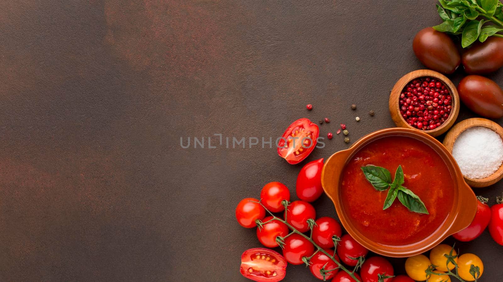 top view winter tomato soup bowl with copy space. High resolution photo