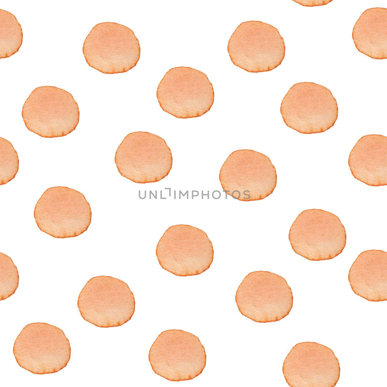 Hand Painted Brush Polka Dot Seamless Watercolor Pattern. Abstract watercolour Round Circles in Orange Color. Artistic Design for Fabric and Background.