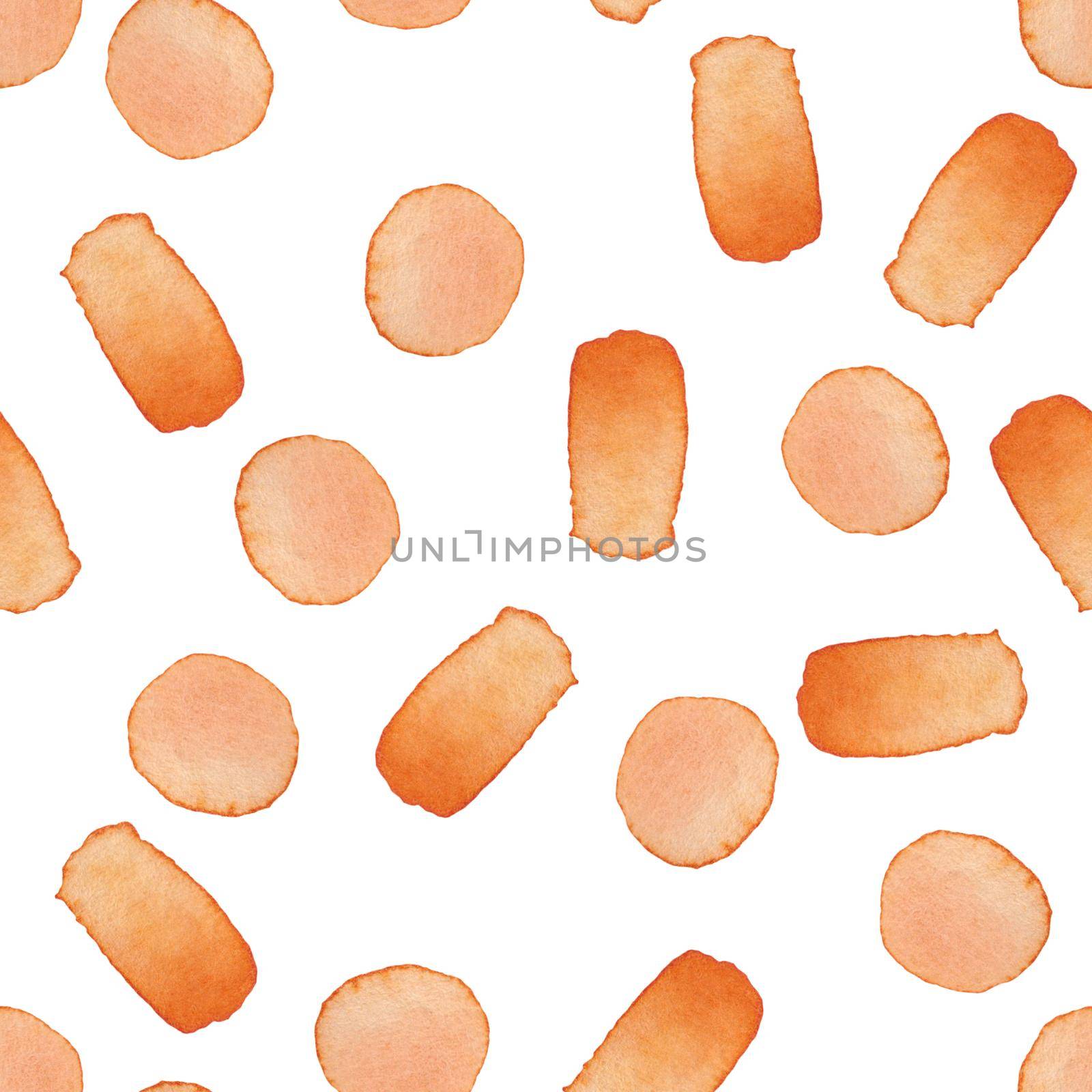 Hand Painted Brush Stroke Dot Seamless Watercolor Pattern. Abstract watercolour shapes in Orange Color. Strokes and Blots. Artistic Design for Fabric and Background.