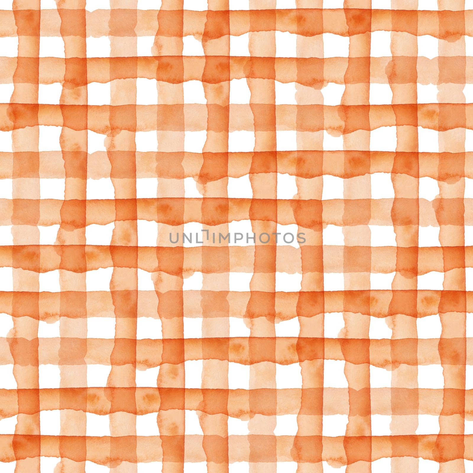 Orange Plaid Abstract Watercolor Geometric Background. Seamless Pattern with Stripes and Check. Handmade Texture for Fabric Design and Paper Wallpaper. by DesignAB