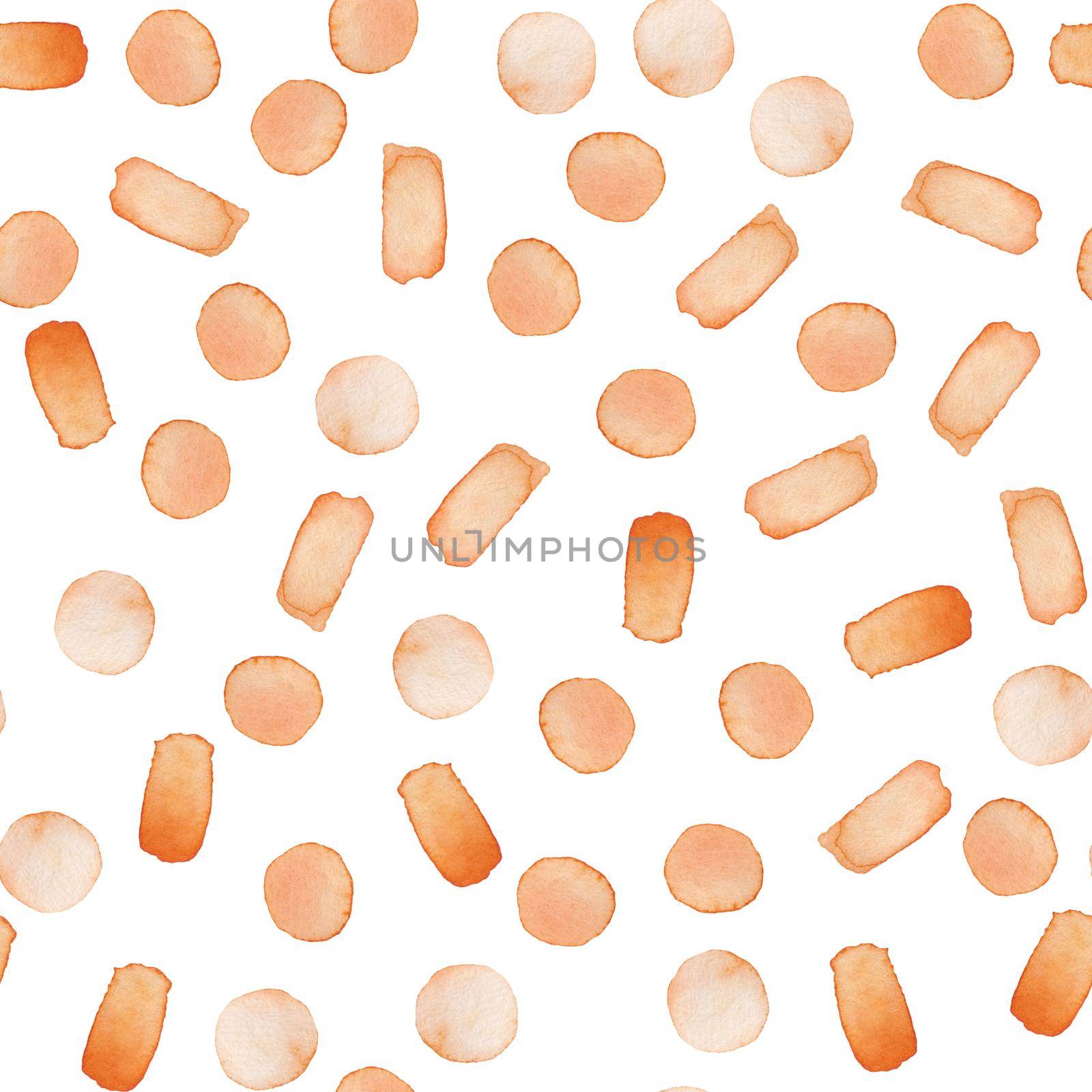 Hand Painted Brush Stroke Dot Seamless Watercolor Pattern. Abstract watercolour shapes in Orange Color. Strokes and Blots. Artistic Design for Fabric and Background.