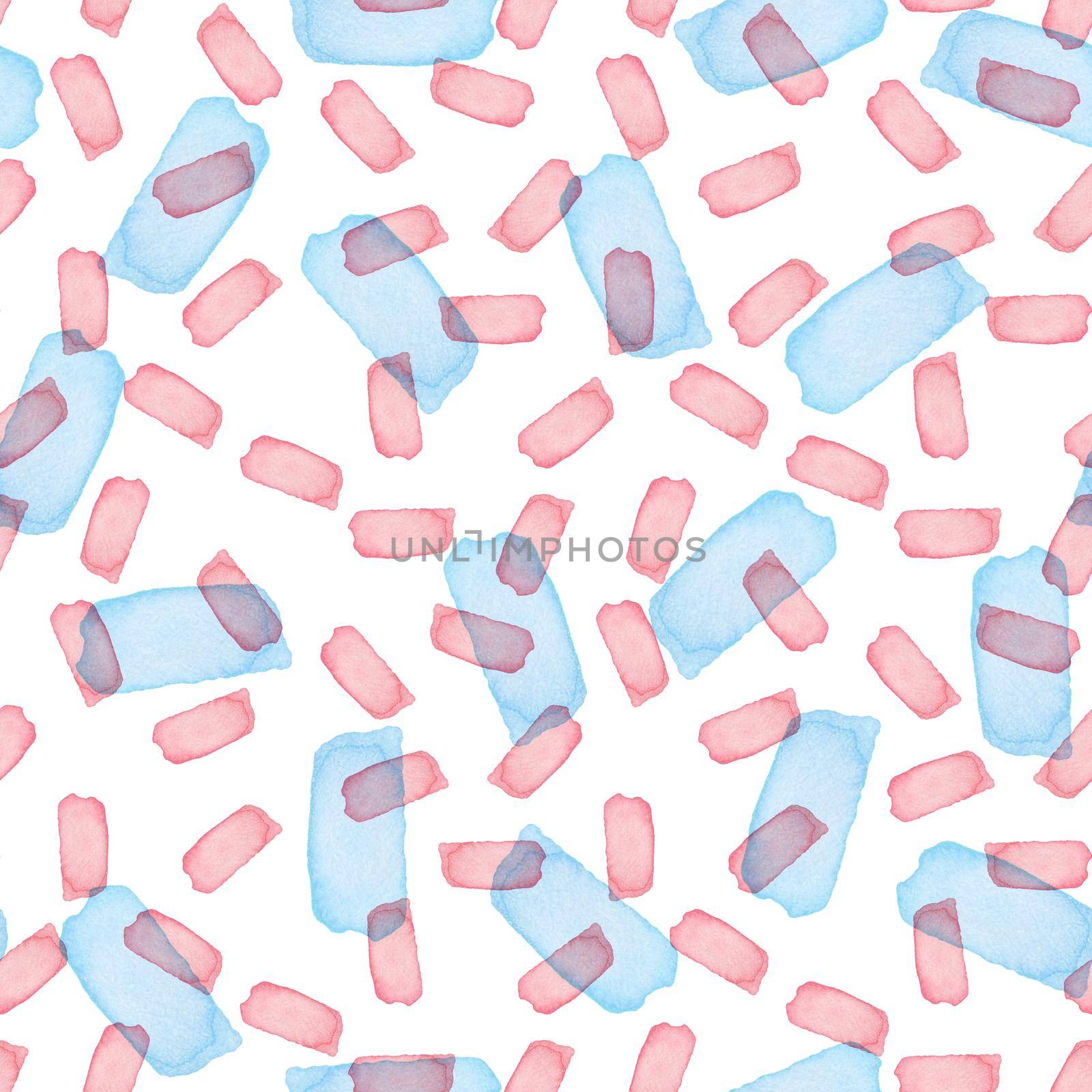 Paintbrush Stroke Blot Seamless Watercolor Pattern. Abstract watercolour shapes in Pink and Blue Color. Light Design for Teen Kid and School Clothes.