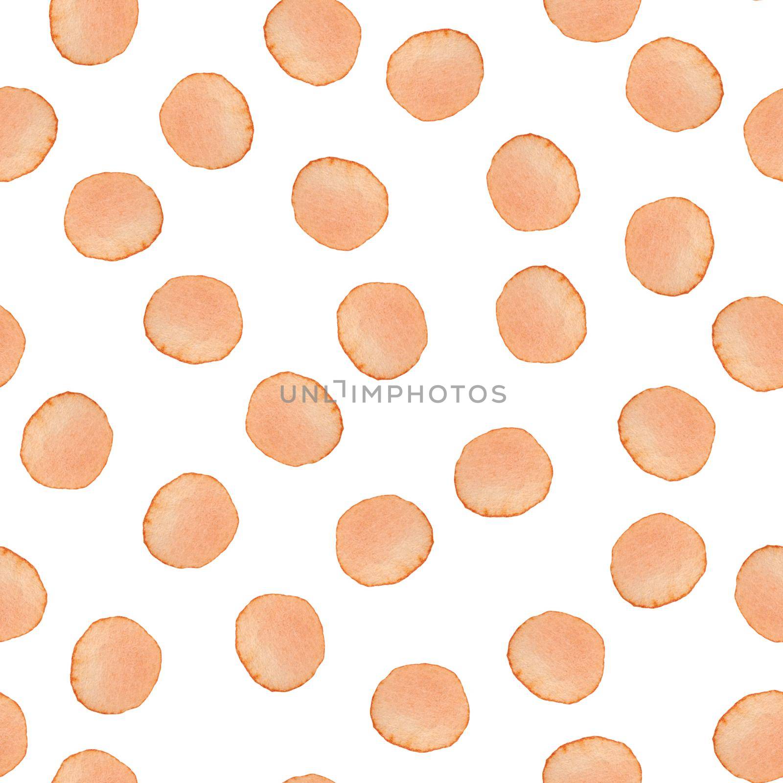 Hand Painted Brush Polka Dot Seamless Watercolor Pattern. Abstract watercolour Round Circles in Orange Color. Artistic Design for Fabric and Background by DesignAB