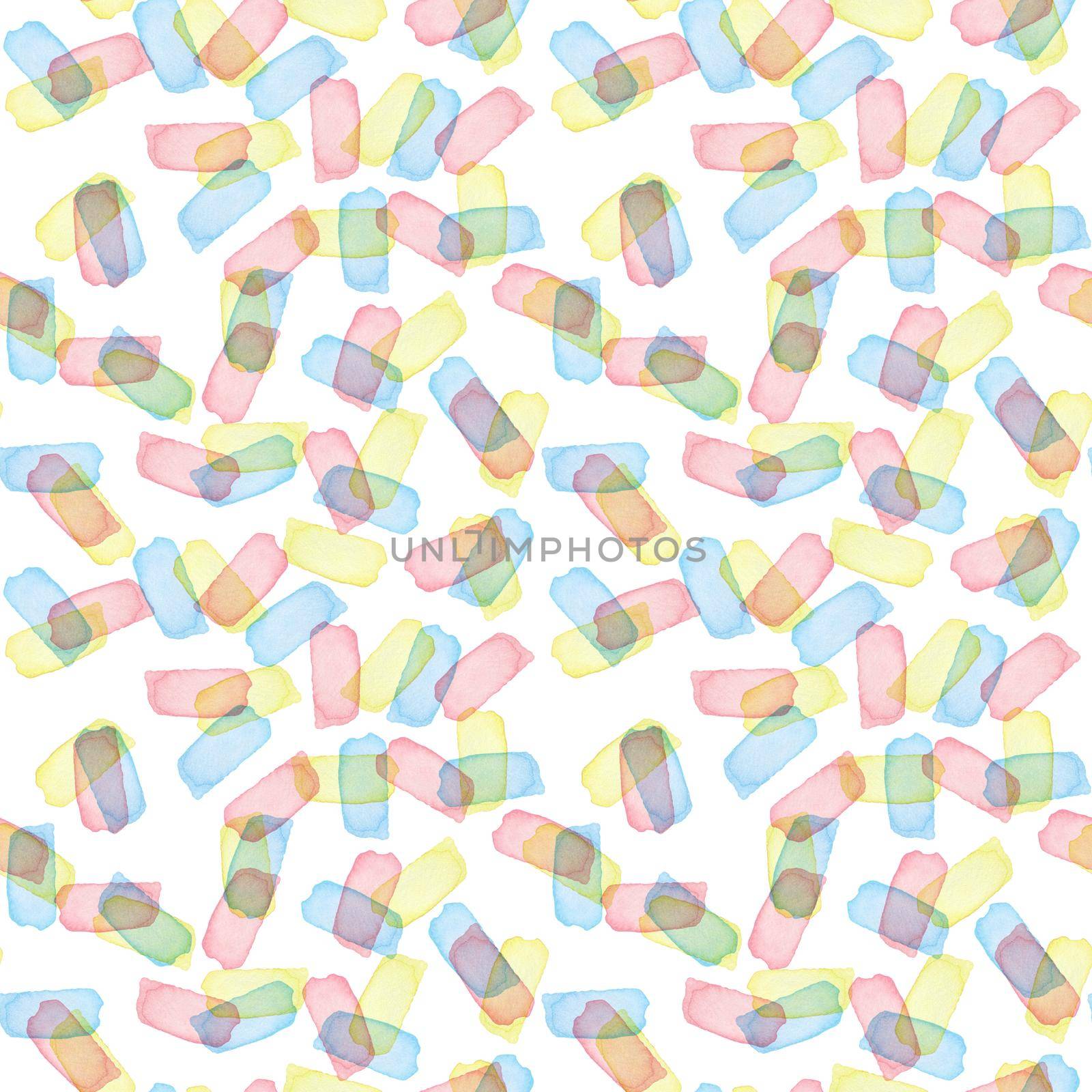 Hand Painted Brush Stroke Seamless Watercolor Pattern. Abstract watercolour shapes in Yellow Pink and Blue Color. Artistic Design for Fabric and Background.