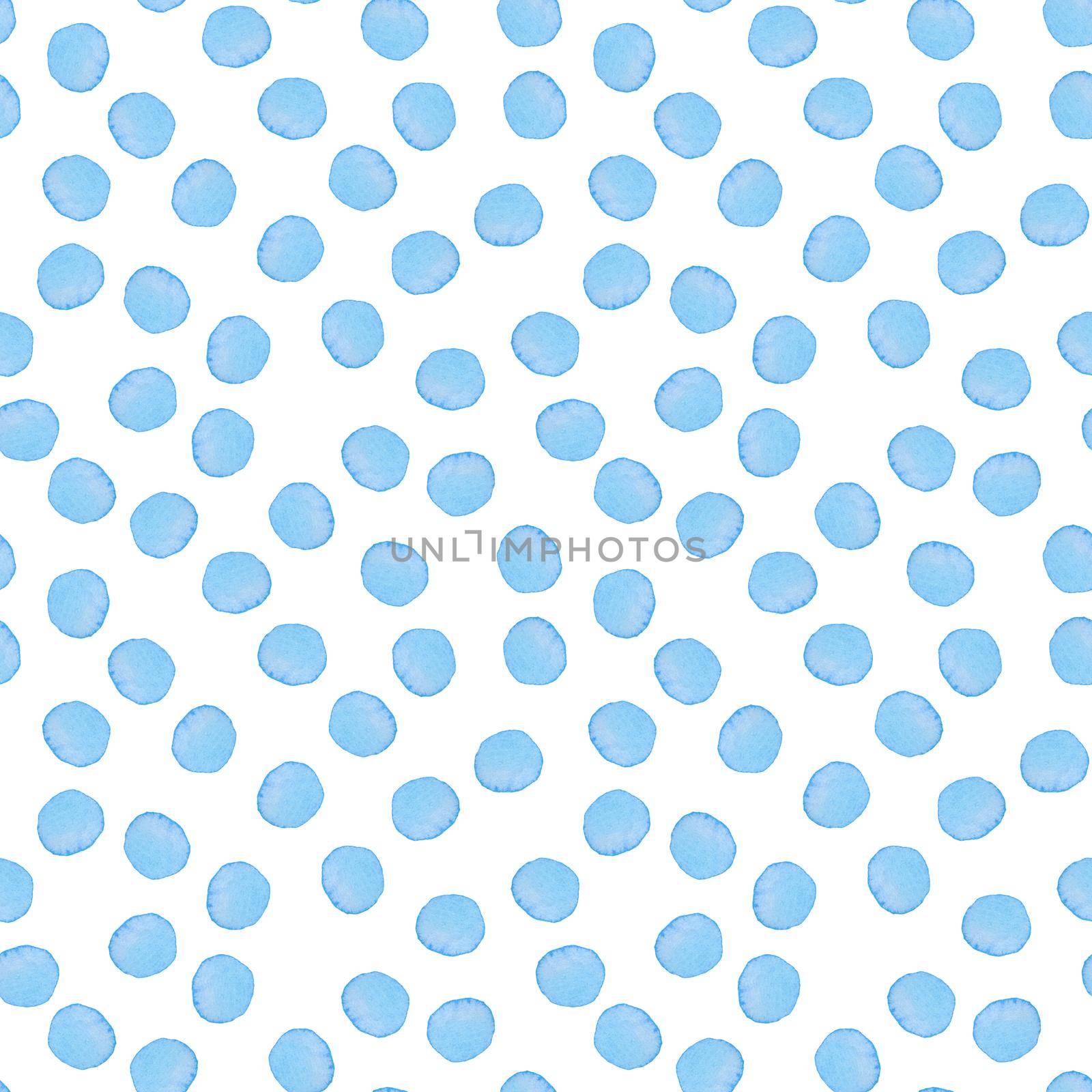 Hand Painted Brush Polka Dot Seamless Watercolor Pattern. Abstract watercolour Round Circles in Blue Color. Artistic Design for Fabric and Background.