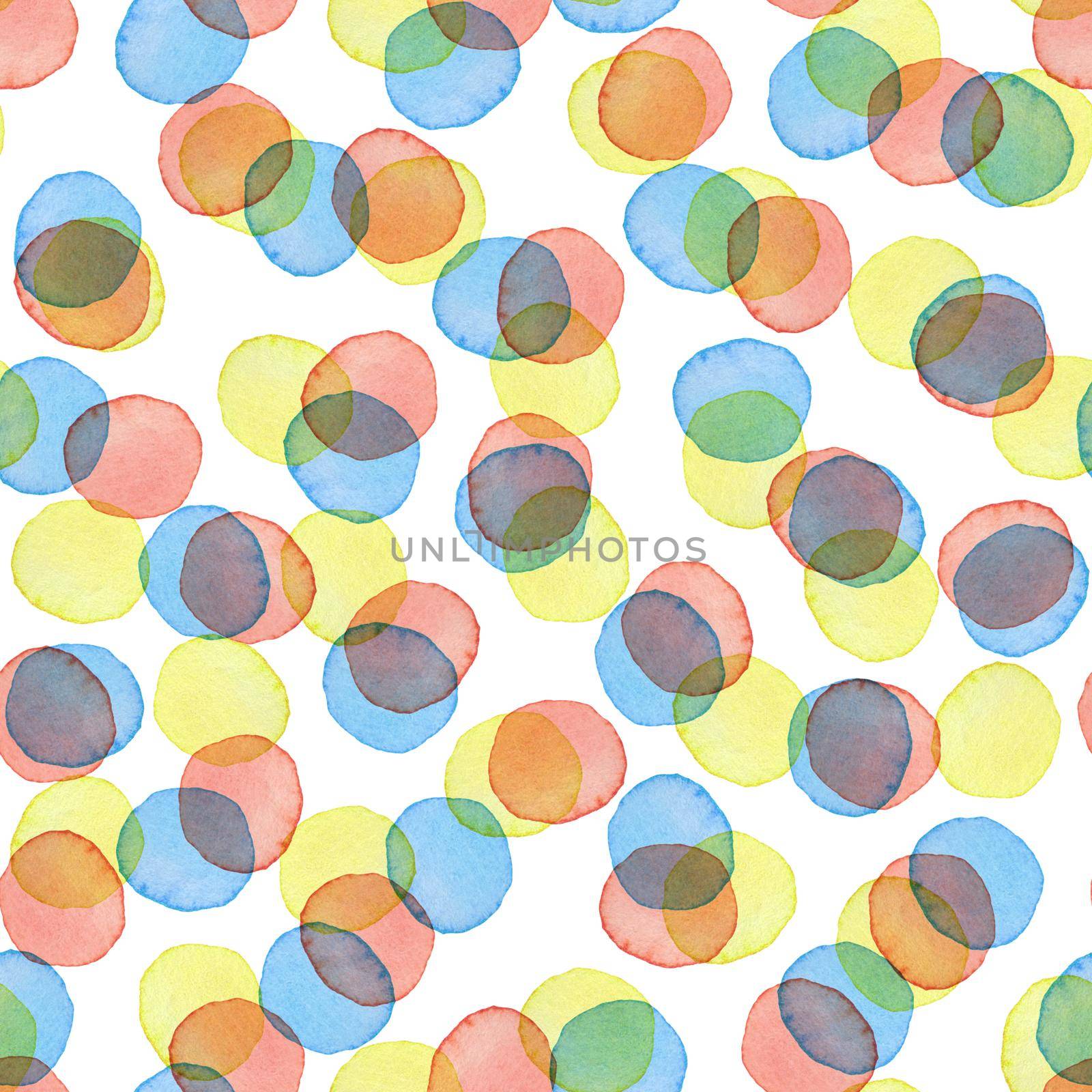 Hand Painted Polka Dot Seamless Watercolor Pattern. Circle Abstract watercolour shapes in Yellow Pink and Blue Color. Round Artistic Design for Fabric and Background.