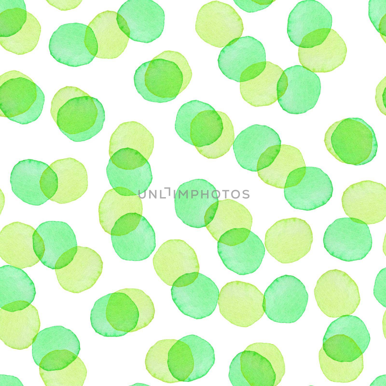 Hand Painted Brush Polka Dot Seamless Watercolor Pattern. Abstract watercolour Round Circles in Green Color. Artistic Design for Fabric and Background.