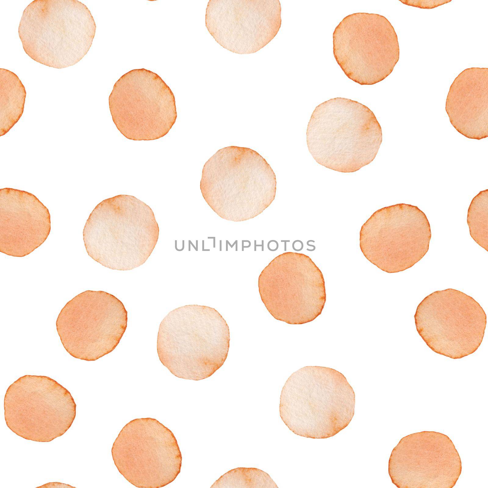 Hand Painted Brush Polka Dot Seamless Watercolor Pattern. Abstract watercolour Round Circles in Orange Color. Artistic Design for Fabric and Background.