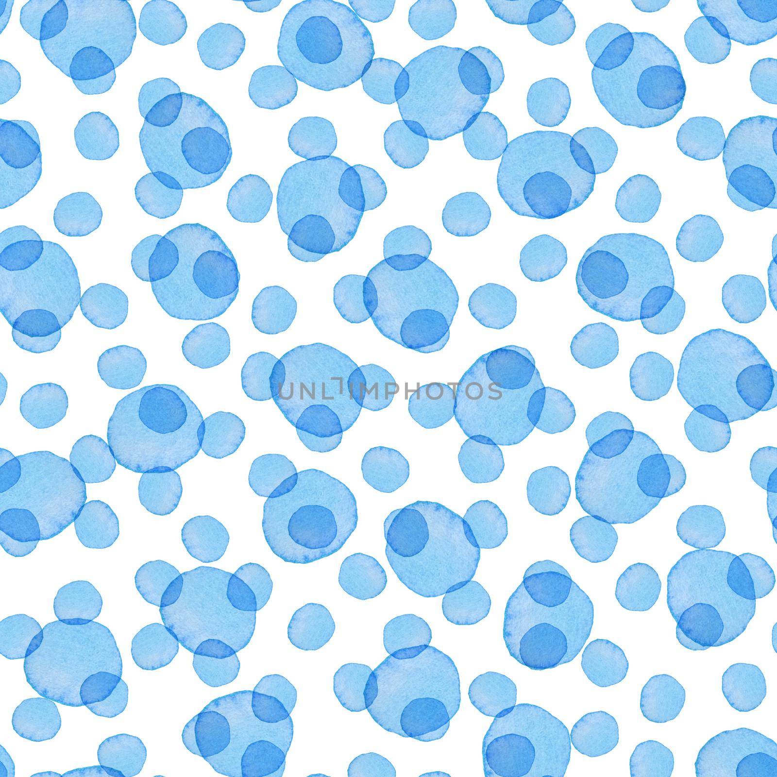 Hand Painted Brush Polka Dot Seamless Watercolor Pattern. Abstract watercolour Round Circles in Blue Color. Artistic Design for Fabric and Background by DesignAB